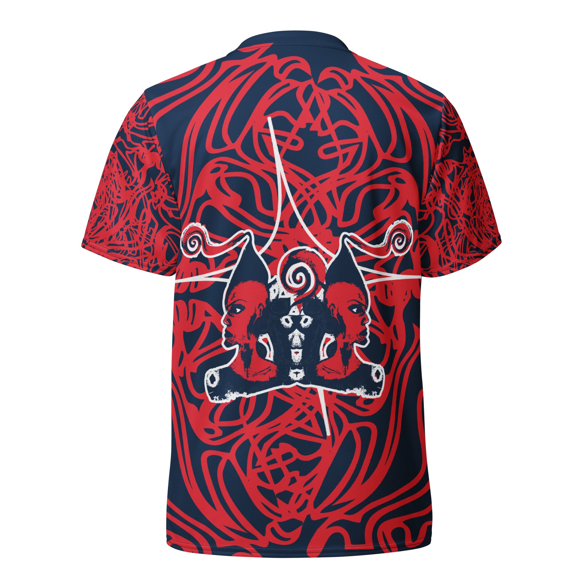 Bold navy and red streetwear t-shirt featuring hand-drawn tribal patterns and mirrored face design, culturally inspired and handcrafted for modern, edgy style – KLOE fashion.