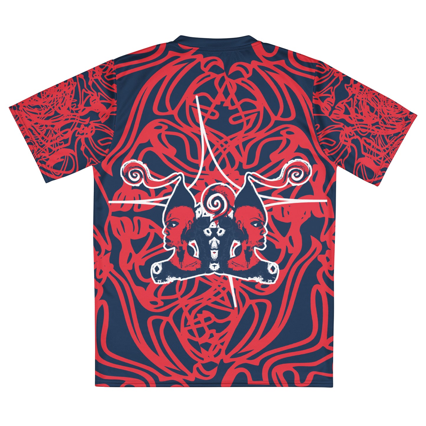 Bold navy and red streetwear t-shirt featuring hand-drawn tribal patterns and mirrored face design, culturally inspired and handcrafted for modern, edgy style – KLOE fashion.