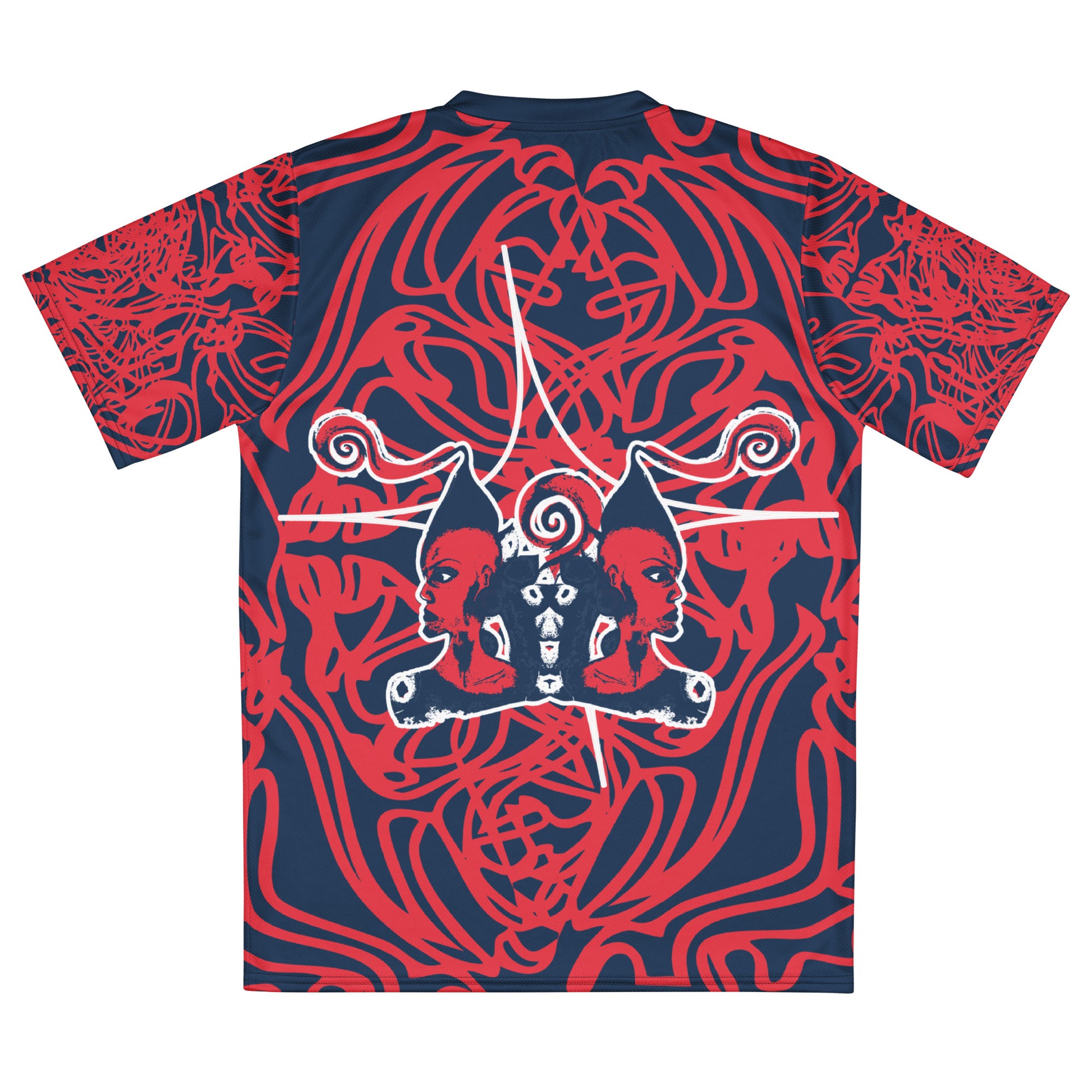 Bold navy and red streetwear t-shirt featuring hand-drawn tribal patterns and mirrored face design, culturally inspired and handcrafted for modern, edgy style – KLOE fashion.