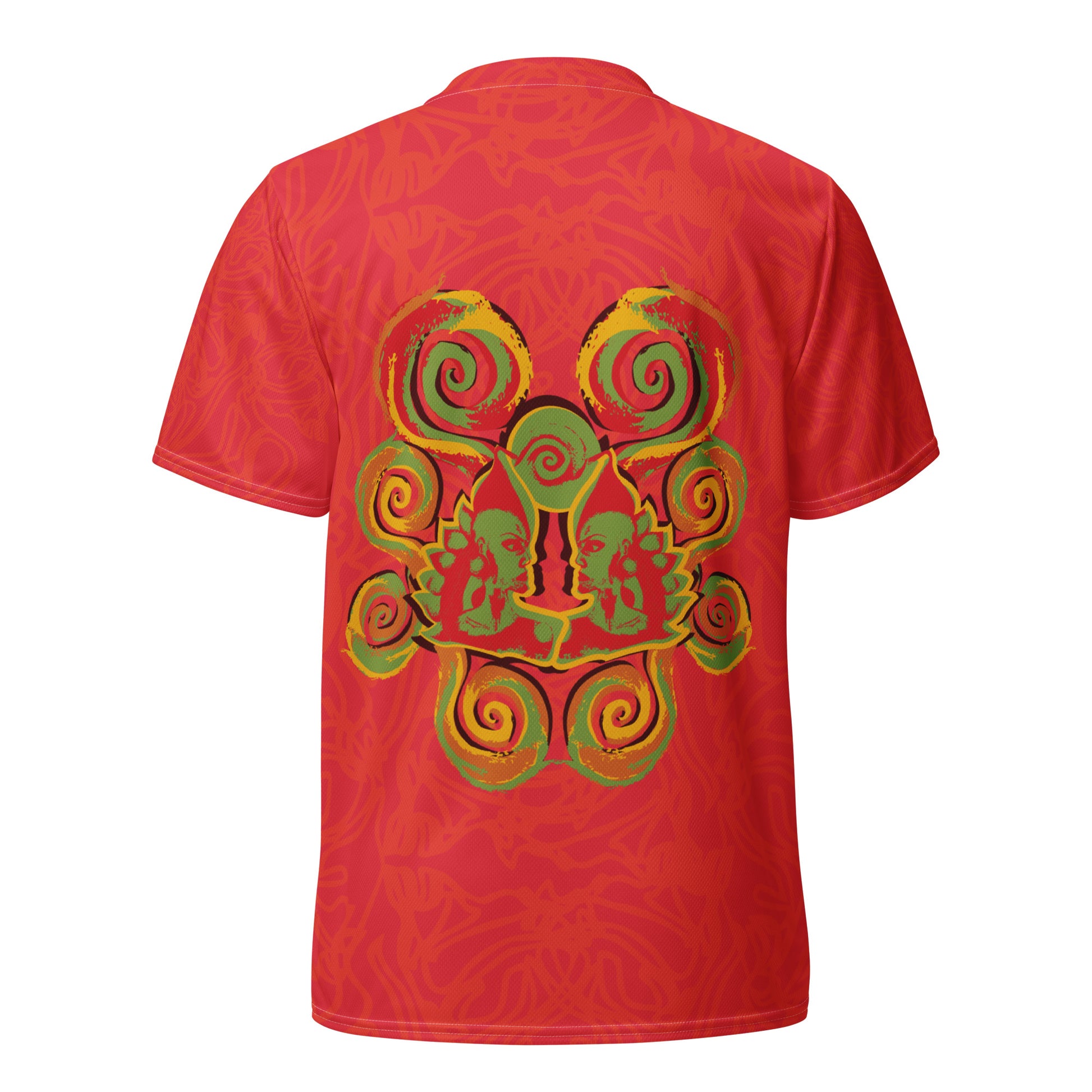 Red sports jersey with bold swirl on the front and mirrored face design on the back, inspired by cultural art and self-expression.