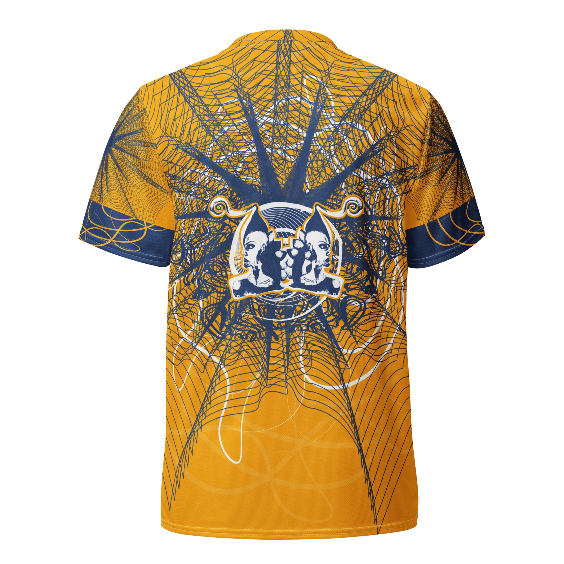 Back view of a golden yellow sports jersey showcasing layered navy geometric patterns and a mirrored face emblem, combining cultural symbolism with modern streetwear design.