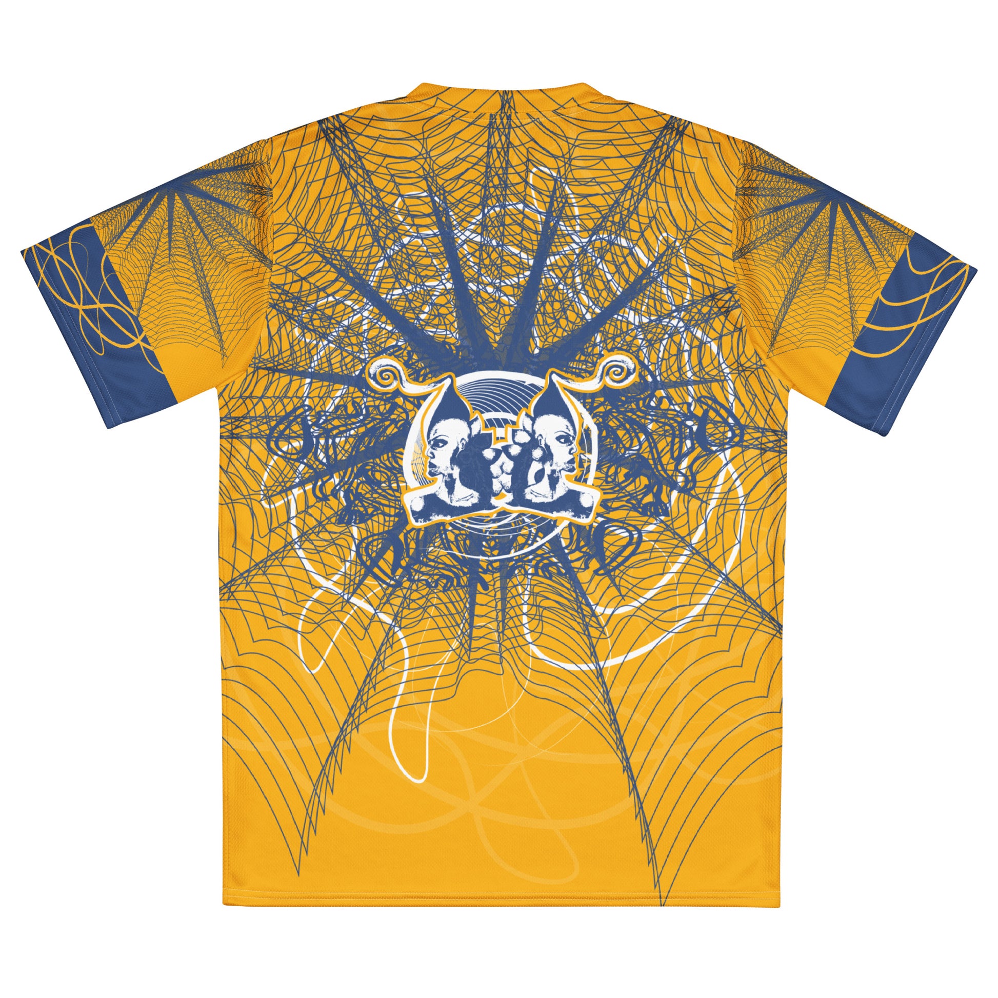 Back view of a golden yellow sports jersey showcasing layered navy geometric patterns and a mirrored face emblem, combining cultural symbolism with modern streetwear design.