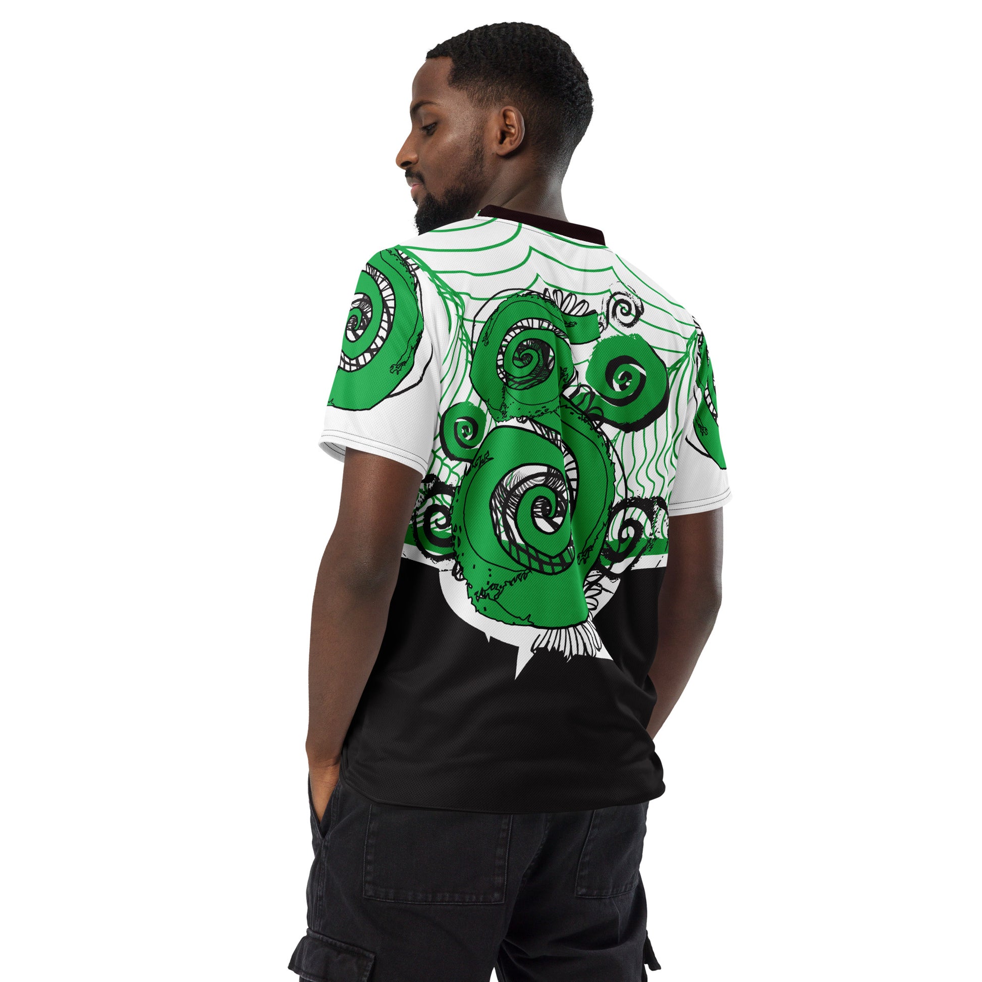 Hand-illustrated unisex sports jersey featuring bold green spirals and abstract face drawings - crafted for authentic self-expression and inspired by global artistic traditions, exclusive to KLOE.