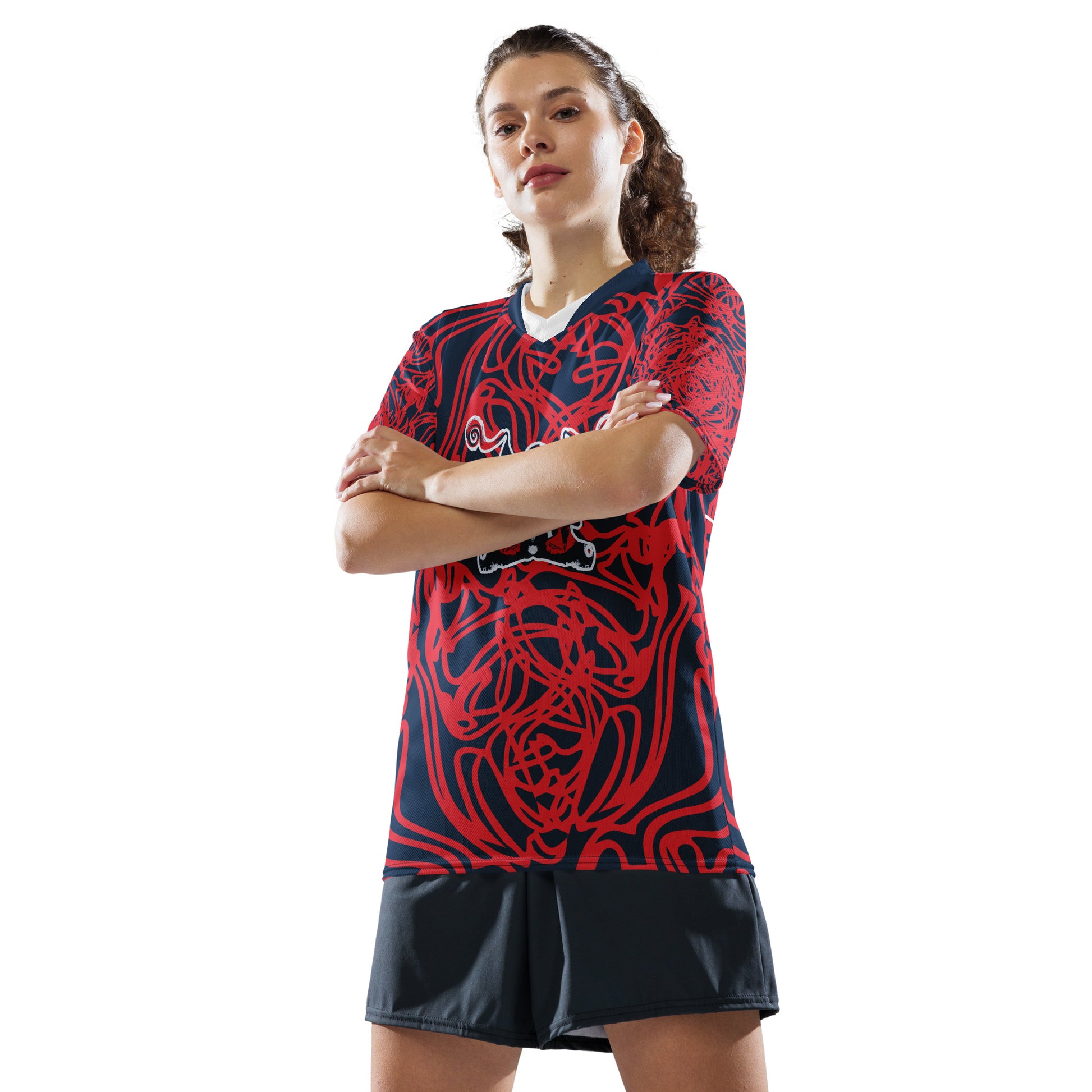 Bold navy and red streetwear t-shirt featuring hand-drawn tribal patterns and mirrored face design, culturally inspired and handcrafted for modern, edgy style – KLOE fashion.