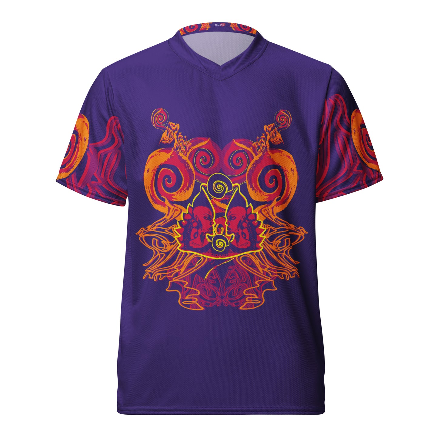 Vibrant purple sports jersey with bold orange and red culturally inspired patterns, featuring mirrored faces and swirling designs – expressive fashion from KLOE’s The Secret Chambers of I & I collection.