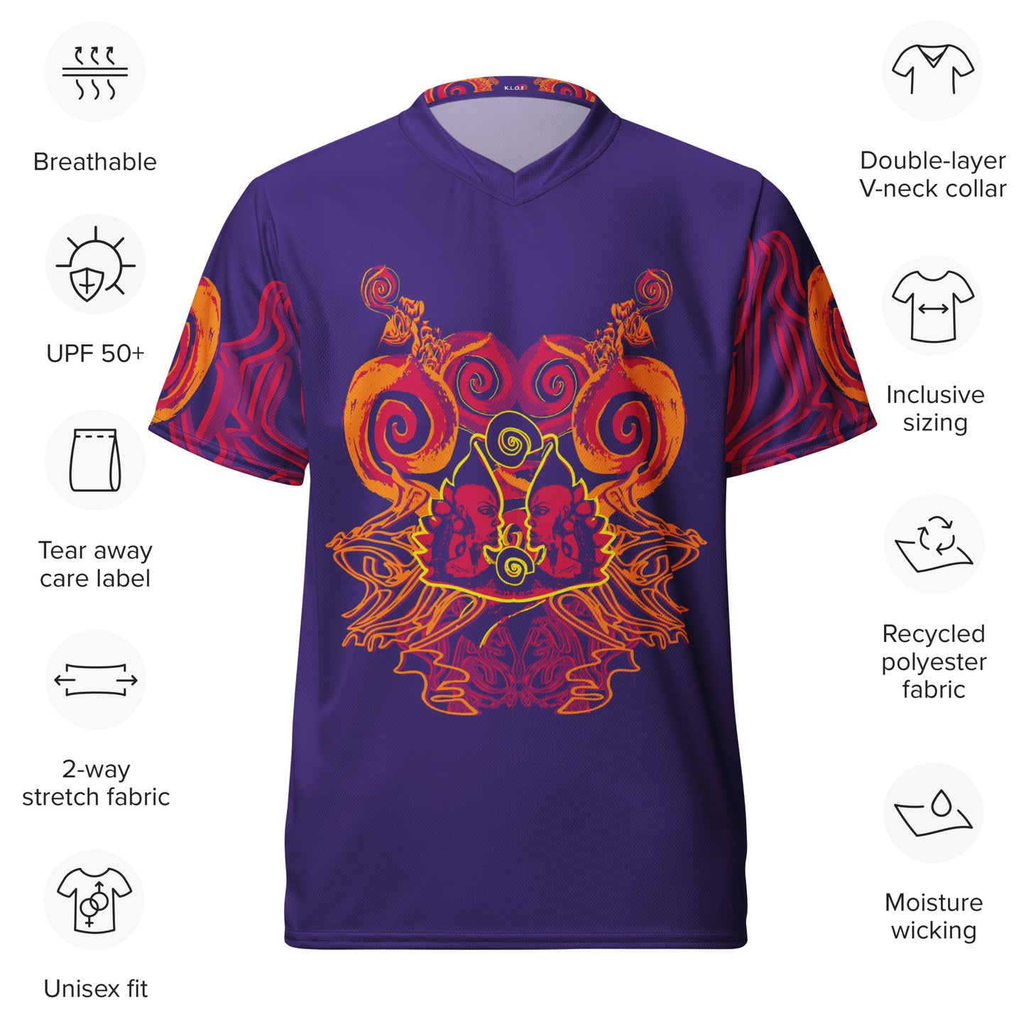 Front view a vibrant purple sports jersey with bold orange and red culturally inspired patterns, featuring mirrored faces and swirling designs – expressive fashion from KLOE’s The Secret Chambers of I & I collection.