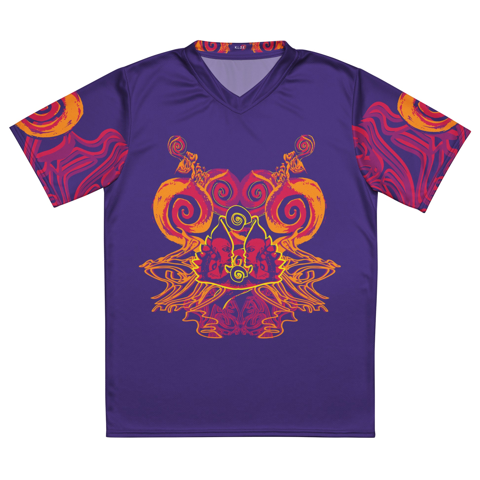 Front view of a vibrant purple sports jersey with bold orange and red culturally inspired patterns, featuring mirrored faces and swirling designs – expressive fashion from KLOE’s The Secret Chambers of I & I collection.