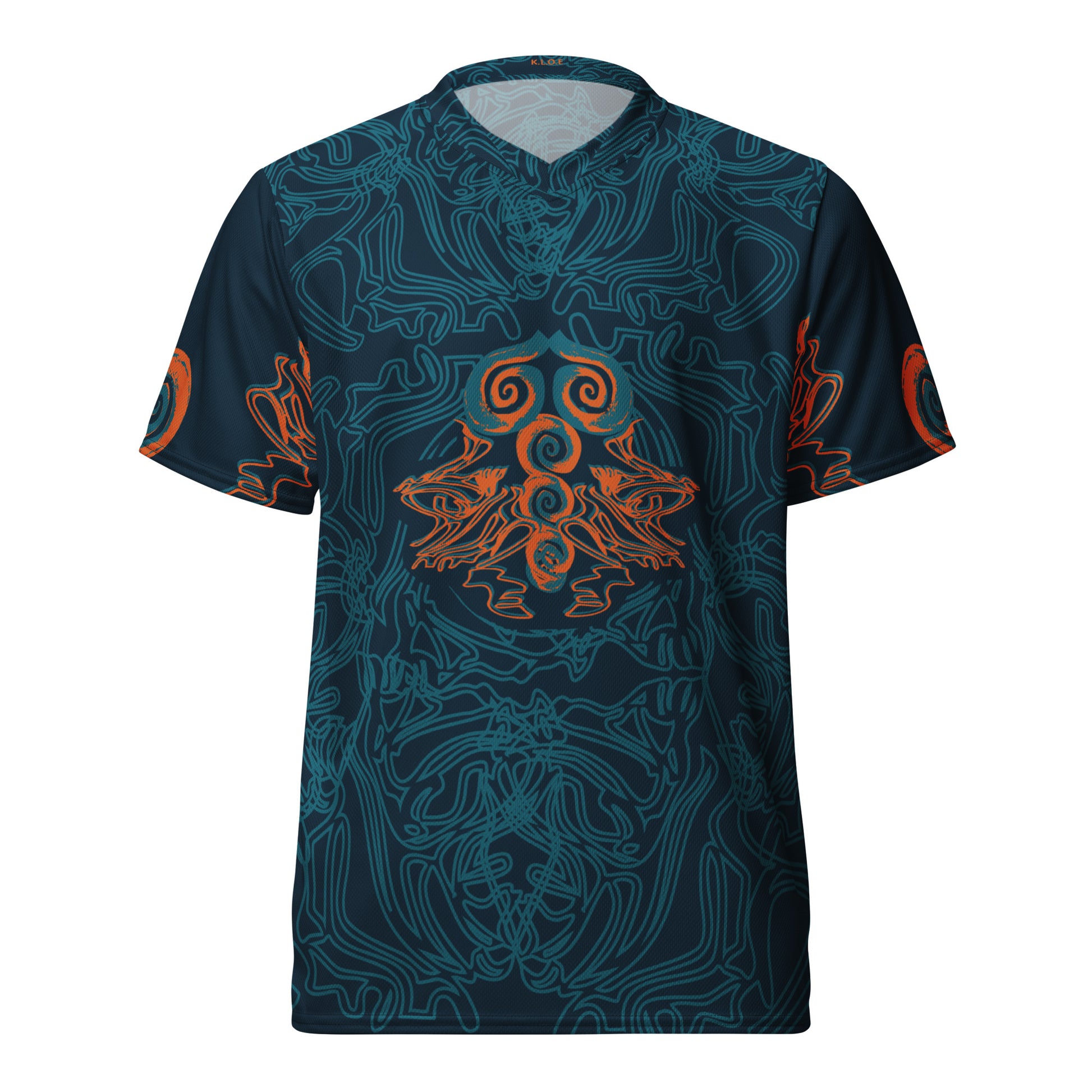 Front view of a navy blue sports jersey featuring intricate cyan line art and bold orange tribal-inspired patterns, with a mirrored abstract design at the center.