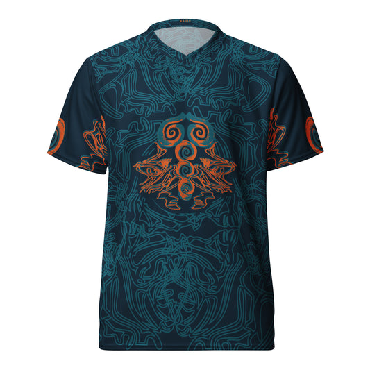 Front view of a navy blue sports jersey featuring intricate cyan line art and bold orange tribal-inspired patterns, with a mirrored abstract design at the center.