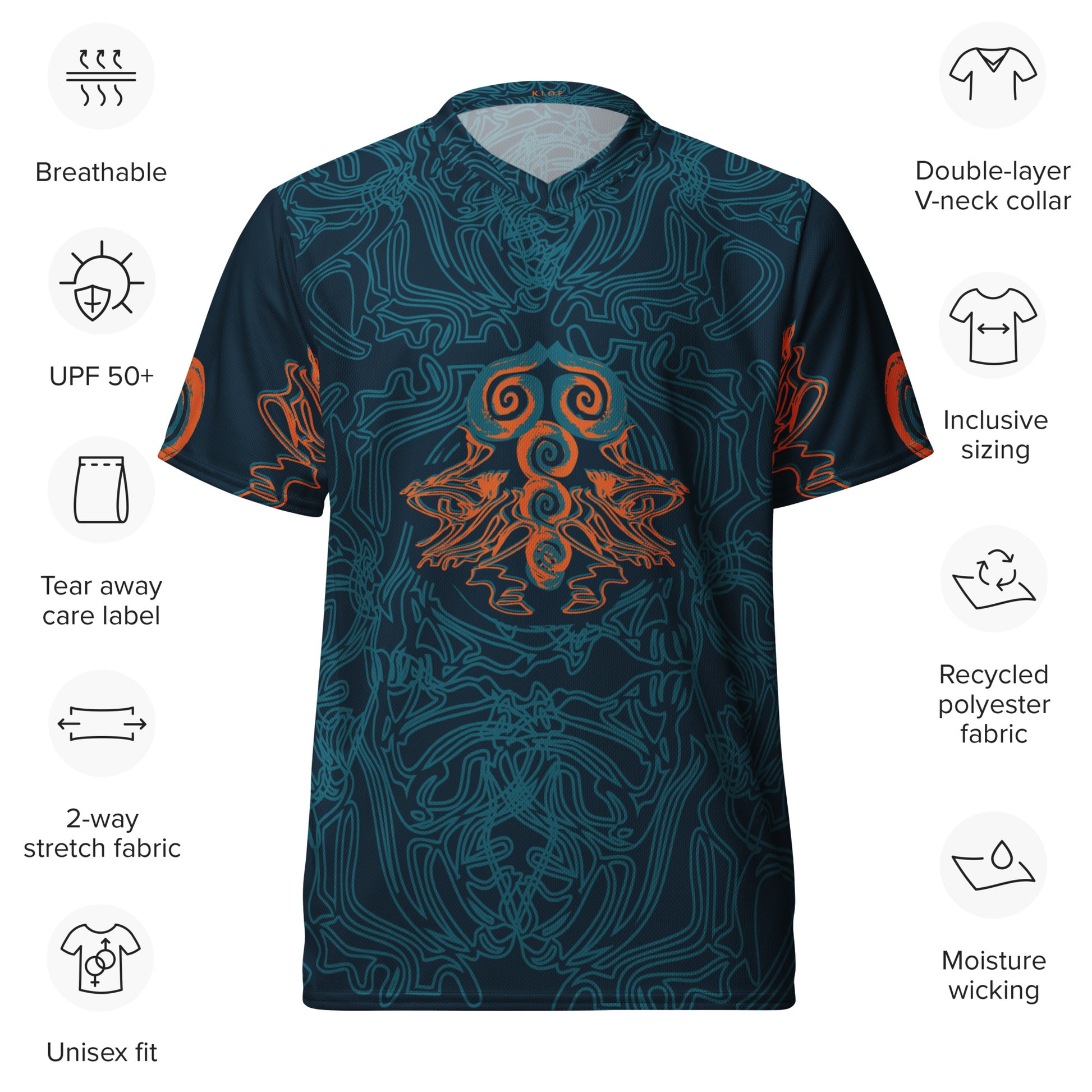 Front view of a navy blue sports jersey featuring intricate cyan line art and bold orange tribal-inspired patterns, with a mirrored abstract design at the center, showing the product details.