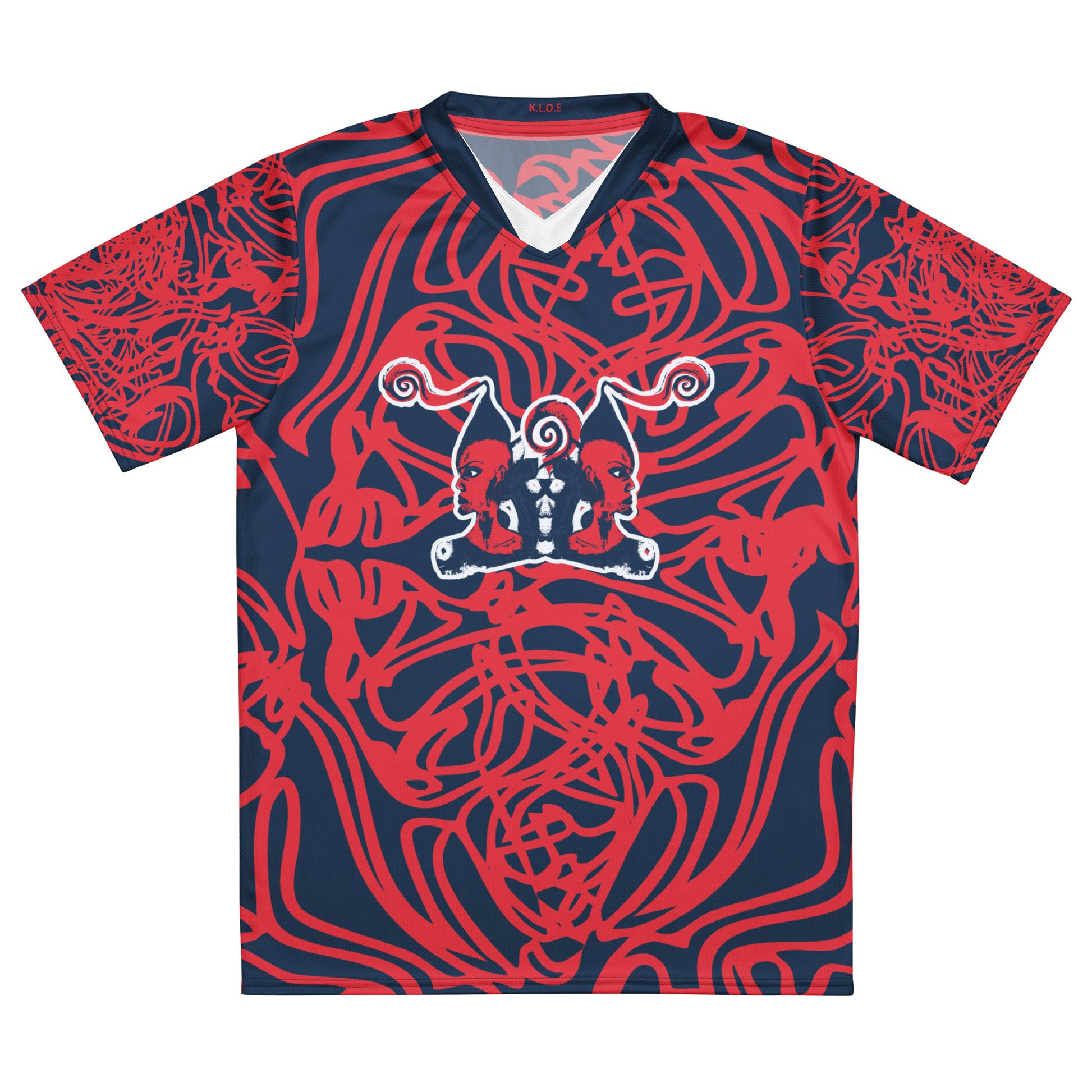 Bold navy and red streetwear t-shirt featuring hand-drawn tribal patterns and mirrored face design, culturally inspired and handcrafted for modern, edgy style – KLOE fashion.