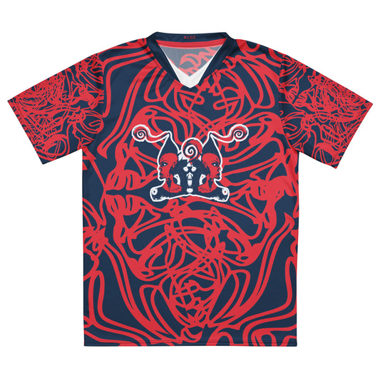 Bold navy and red streetwear t-shirt featuring hand-drawn tribal patterns and mirrored face design, culturally inspired and handcrafted for modern, edgy style – KLOE fashion.