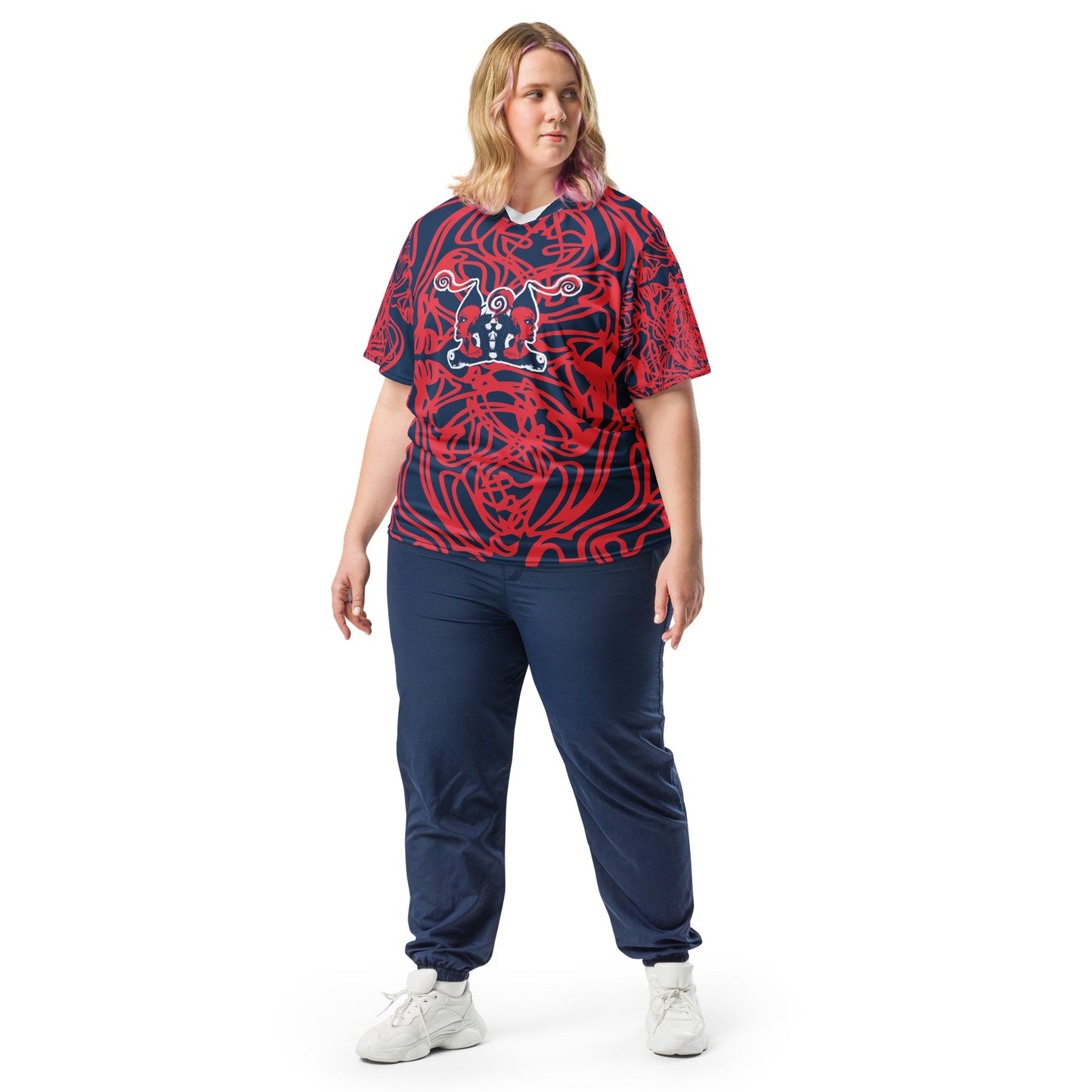Bold navy and red streetwear t-shirt featuring hand-drawn tribal patterns and mirrored face design, culturally inspired and handcrafted for modern, edgy style – KLOE fashion.