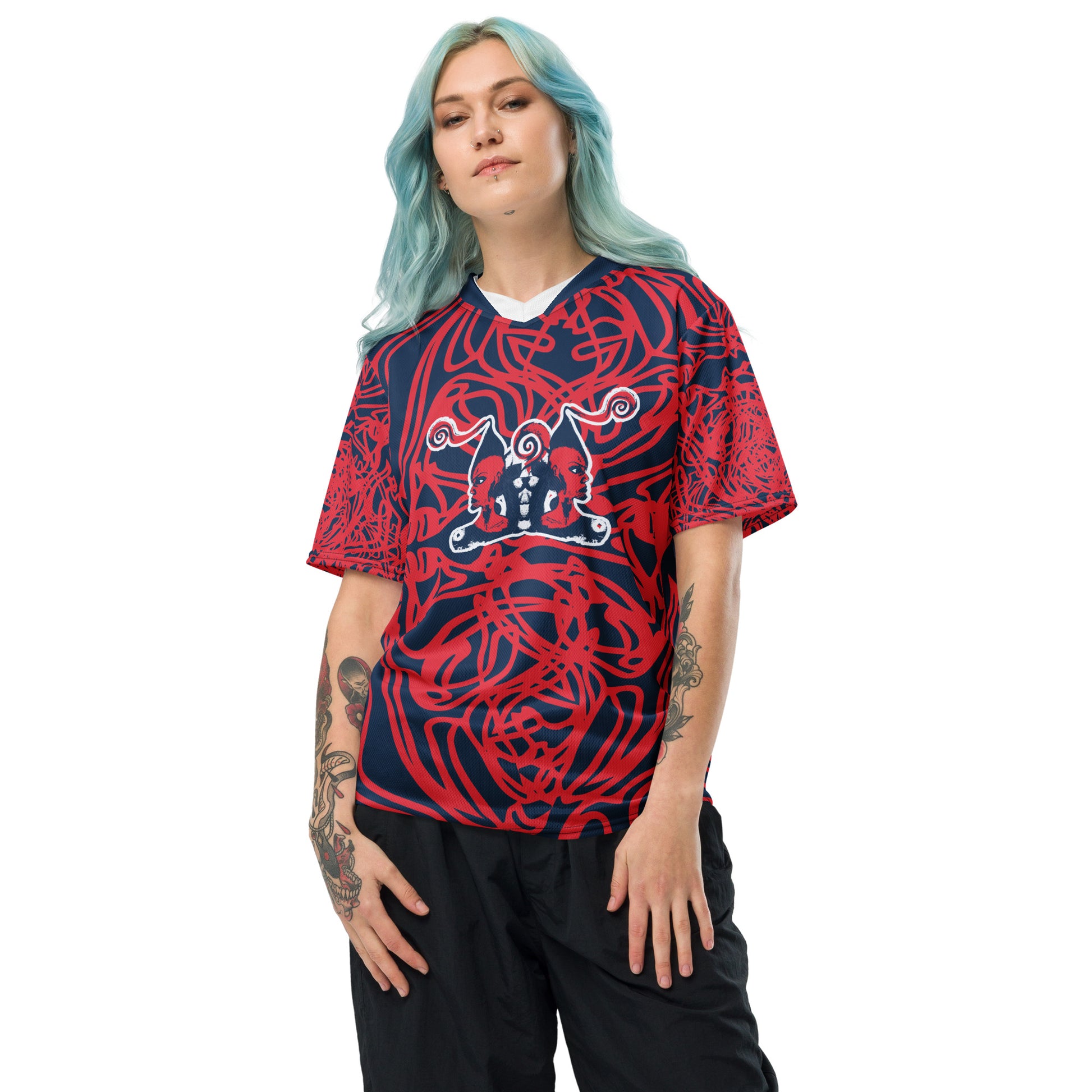 Bold navy and red streetwear t-shirt featuring hand-drawn tribal patterns and mirrored face design, culturally inspired and handcrafted for modern, edgy style – KLOE fashion.