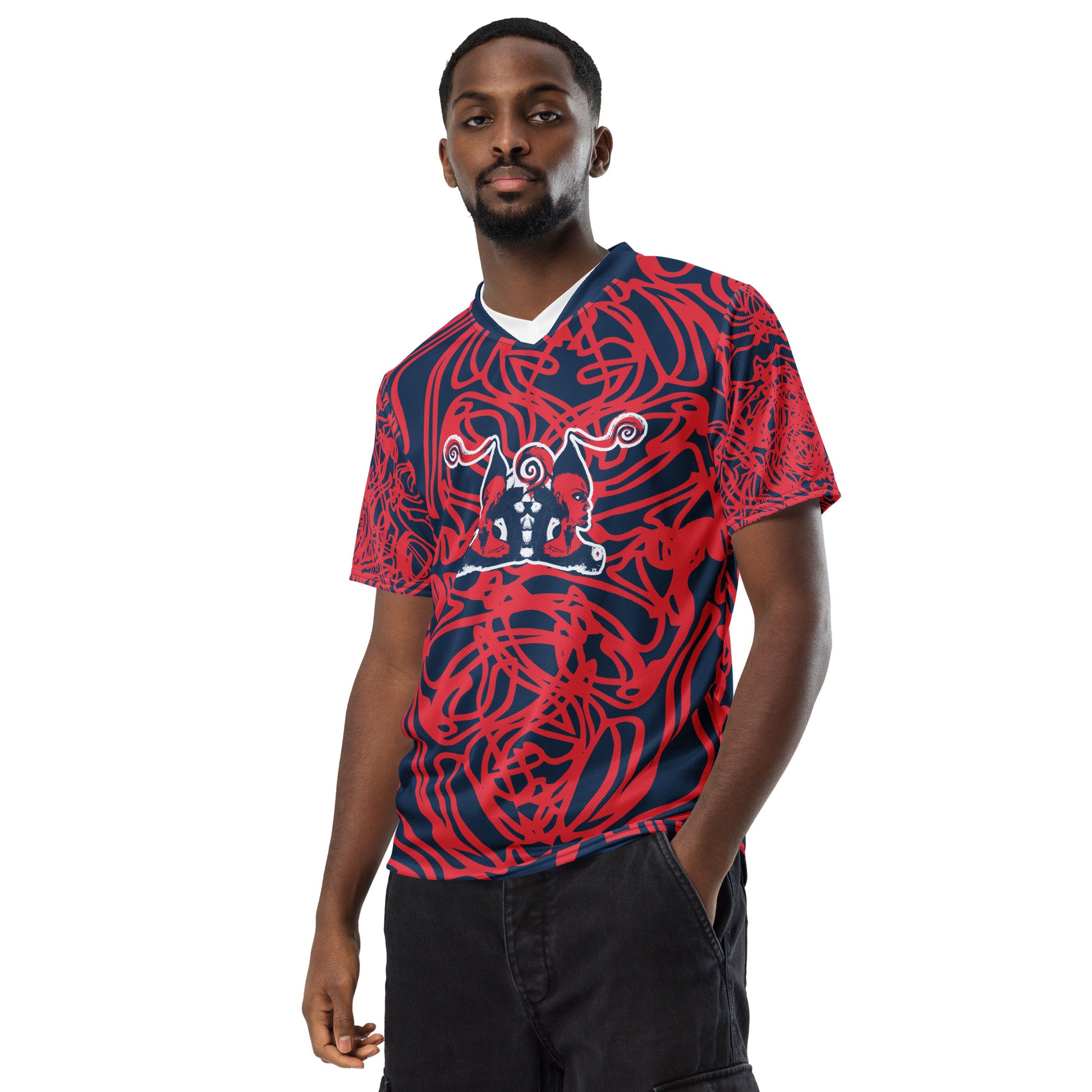 Bold navy and red streetwear t-shirt featuring hand-drawn tribal patterns and mirrored face design, culturally inspired and handcrafted for modern, edgy style – KLOE fashion.
