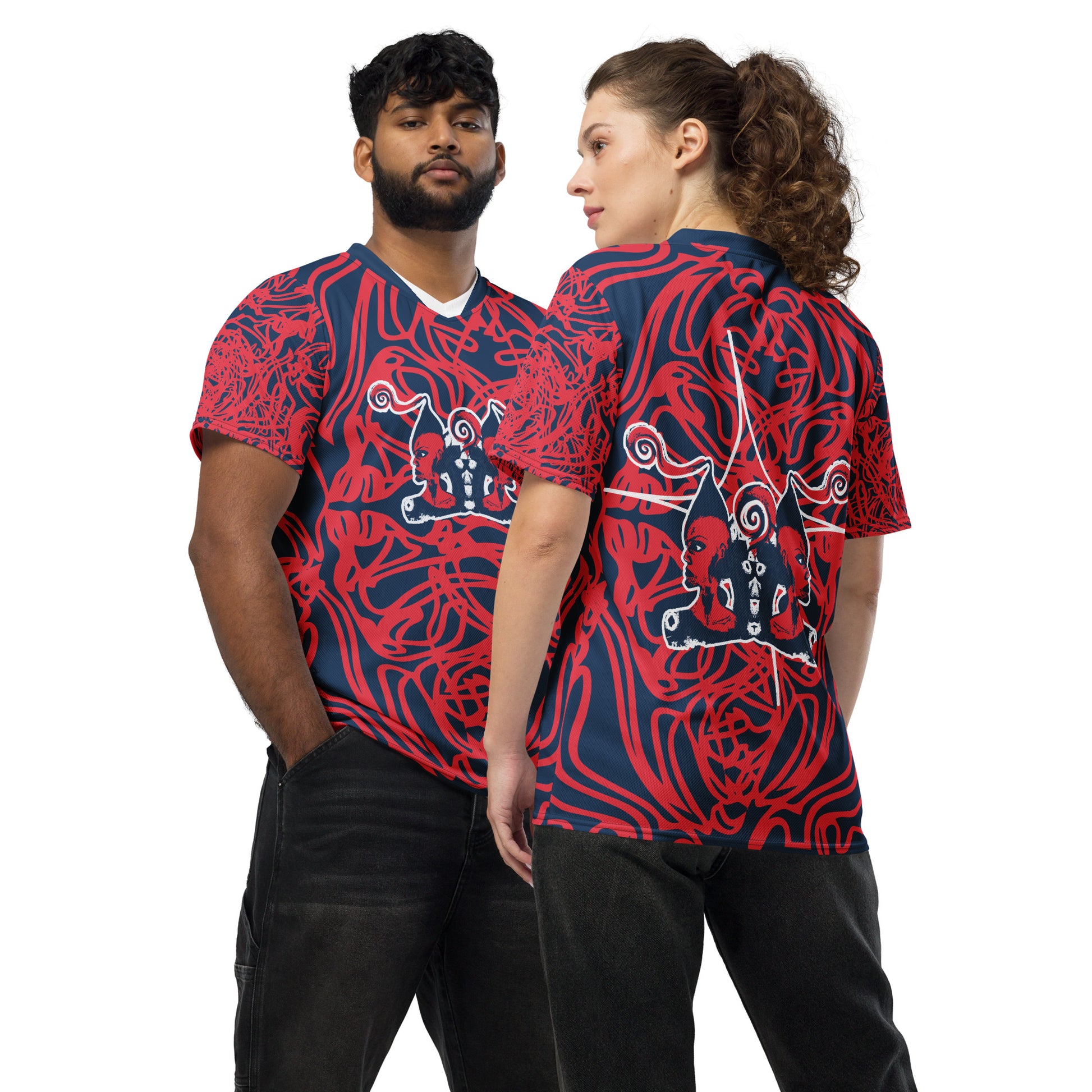 Bold navy and red streetwear t-shirt featuring hand-drawn tribal patterns and mirrored face design, culturally inspired and handcrafted for modern, edgy style – KLOE fashion.