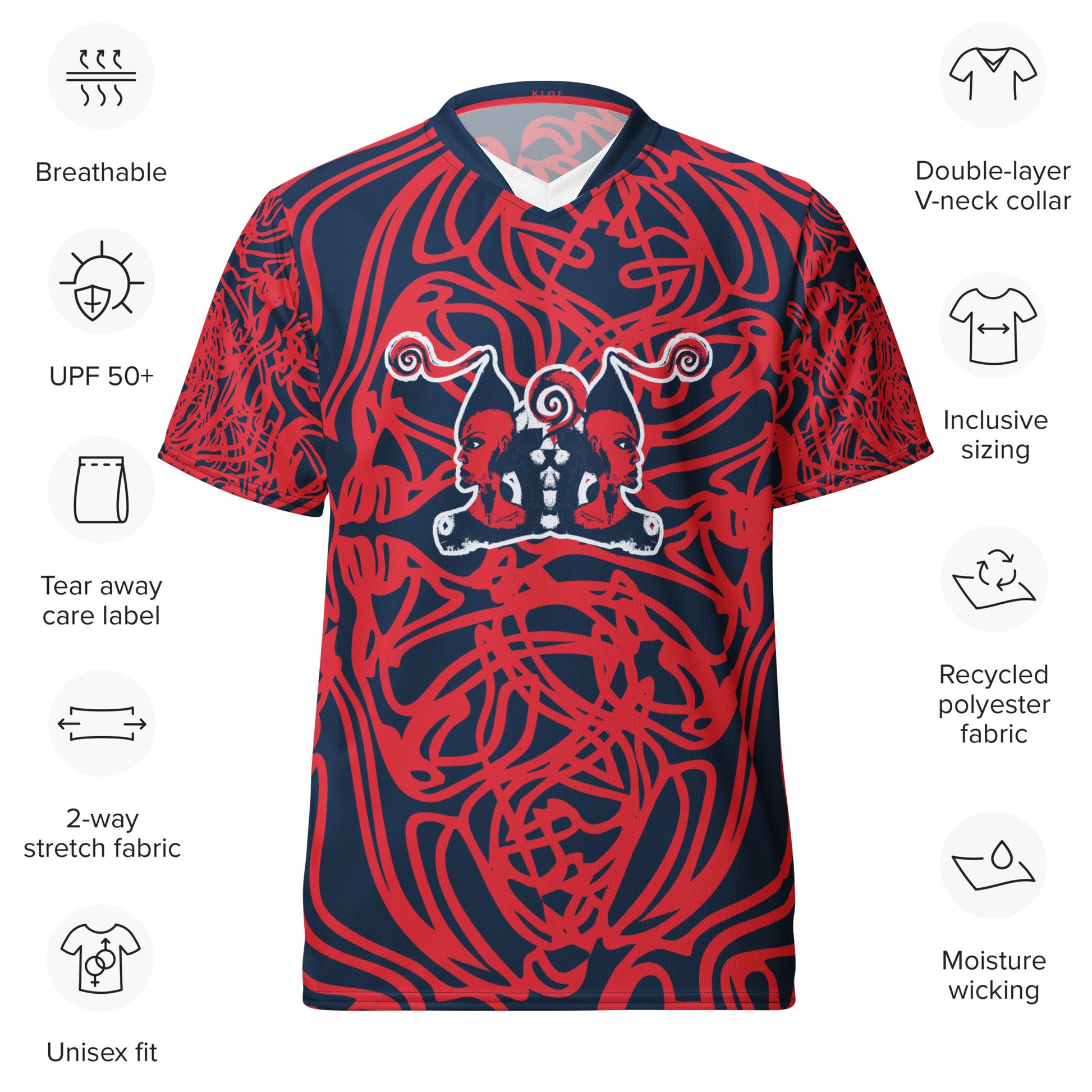 Bold navy and red streetwear t-shirt featuring hand-drawn tribal patterns and mirrored face design, culturally inspired and handcrafted for modern, edgy style – KLOE fashion.
