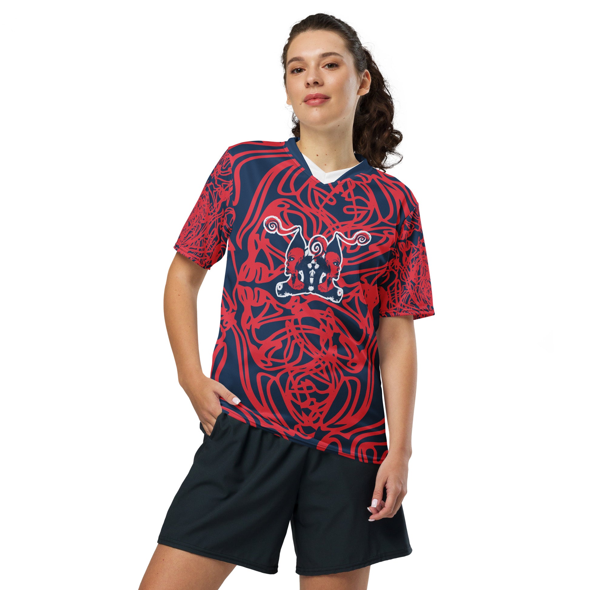 Bold navy and red streetwear t-shirt featuring hand-drawn tribal patterns and mirrored face design, culturally inspired and handcrafted for modern, edgy style – KLOE fashion.