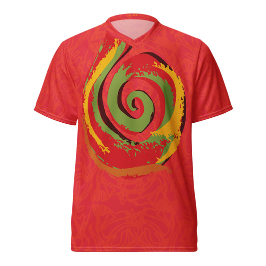 Red sports jersey with bold swirl on the front and mirrored face design on the back, inspired by cultural art and self-expression.