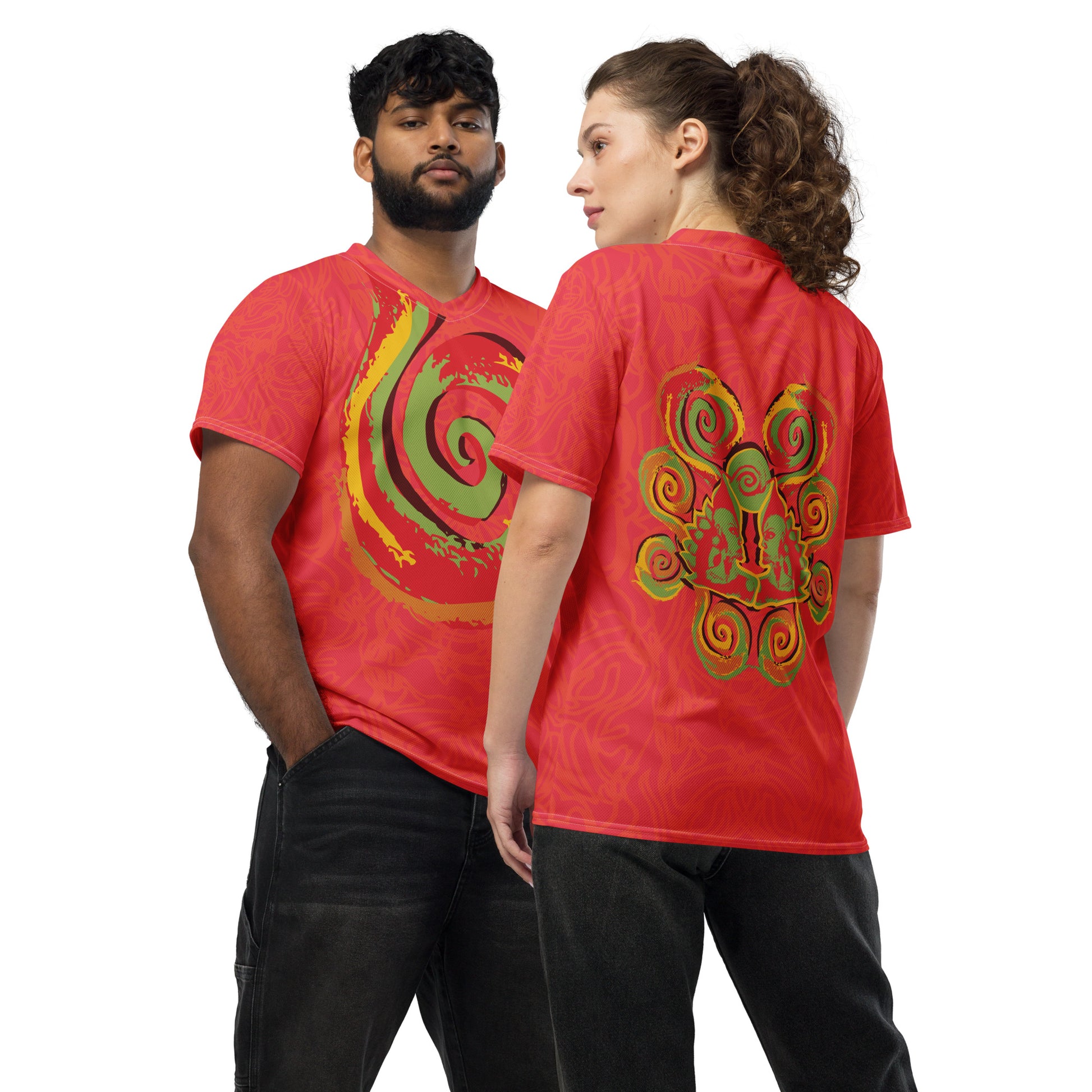 Red sports jersey with bold swirl on the front and mirrored face design on the back, inspired by cultural art and self-expression.