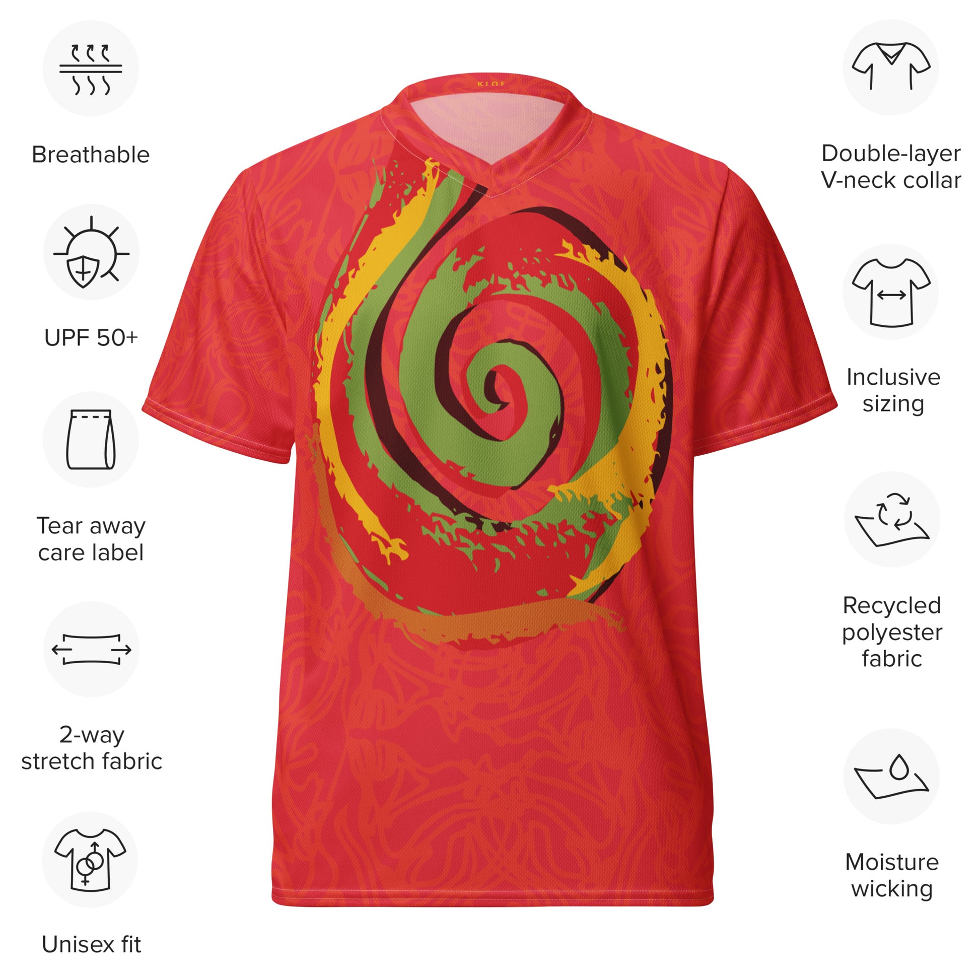 Red sports jersey with bold swirl on the front and mirrored face design on the back, inspired by cultural art and self-expression.