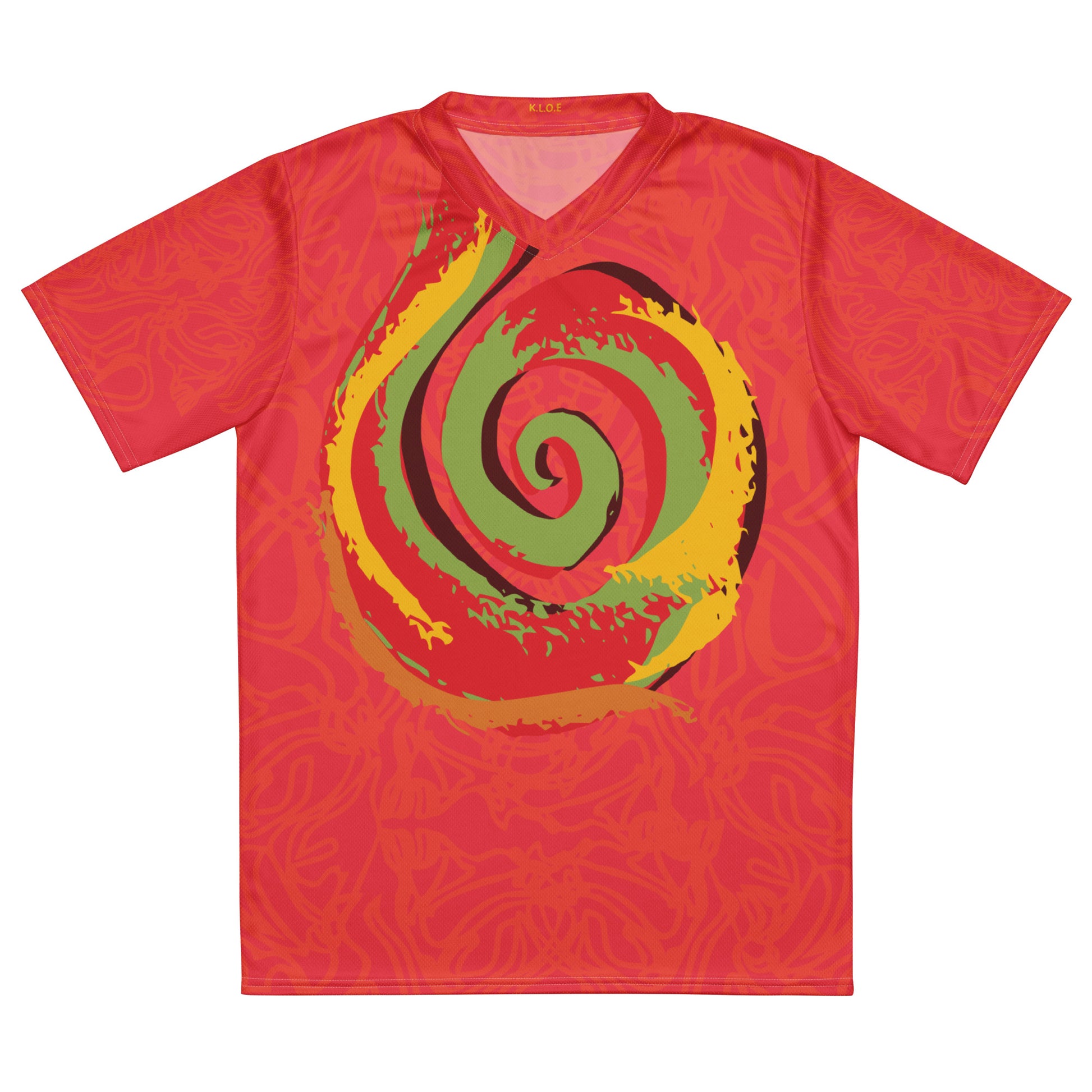 Red sports jersey with bold swirl on the front and mirrored face design on the back, inspired by cultural art and self-expression.