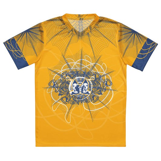 Front view of a golden yellow sports jersey featuring intricate navy web-like linework and a bold mirrored face design at the center, blending hand-drawn art with streetwear energy.
