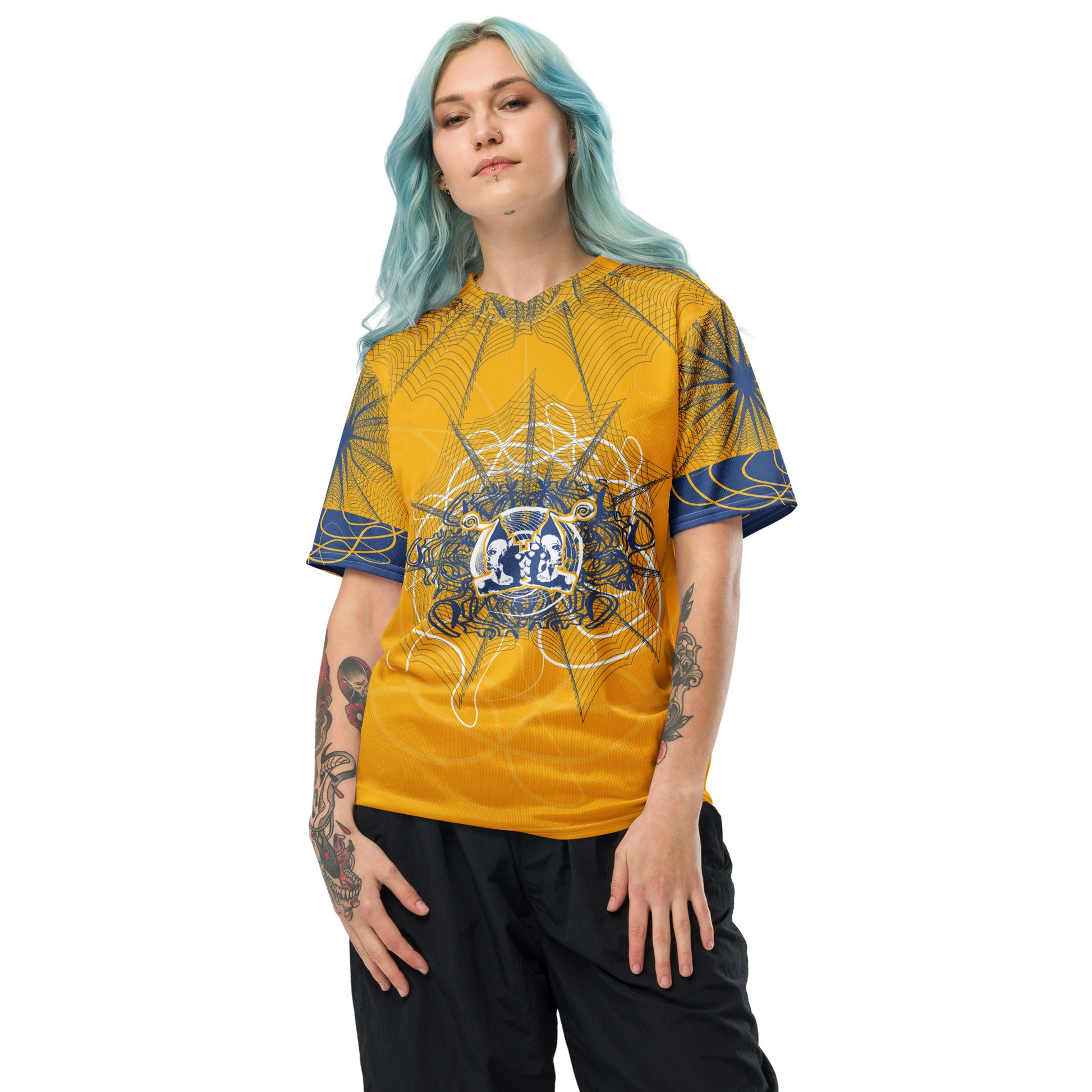 Front view of a golden yellow sports jersey featuring intricate navy web-like linework and a bold mirrored face design at the center, blending hand-drawn art with streetwear energy.