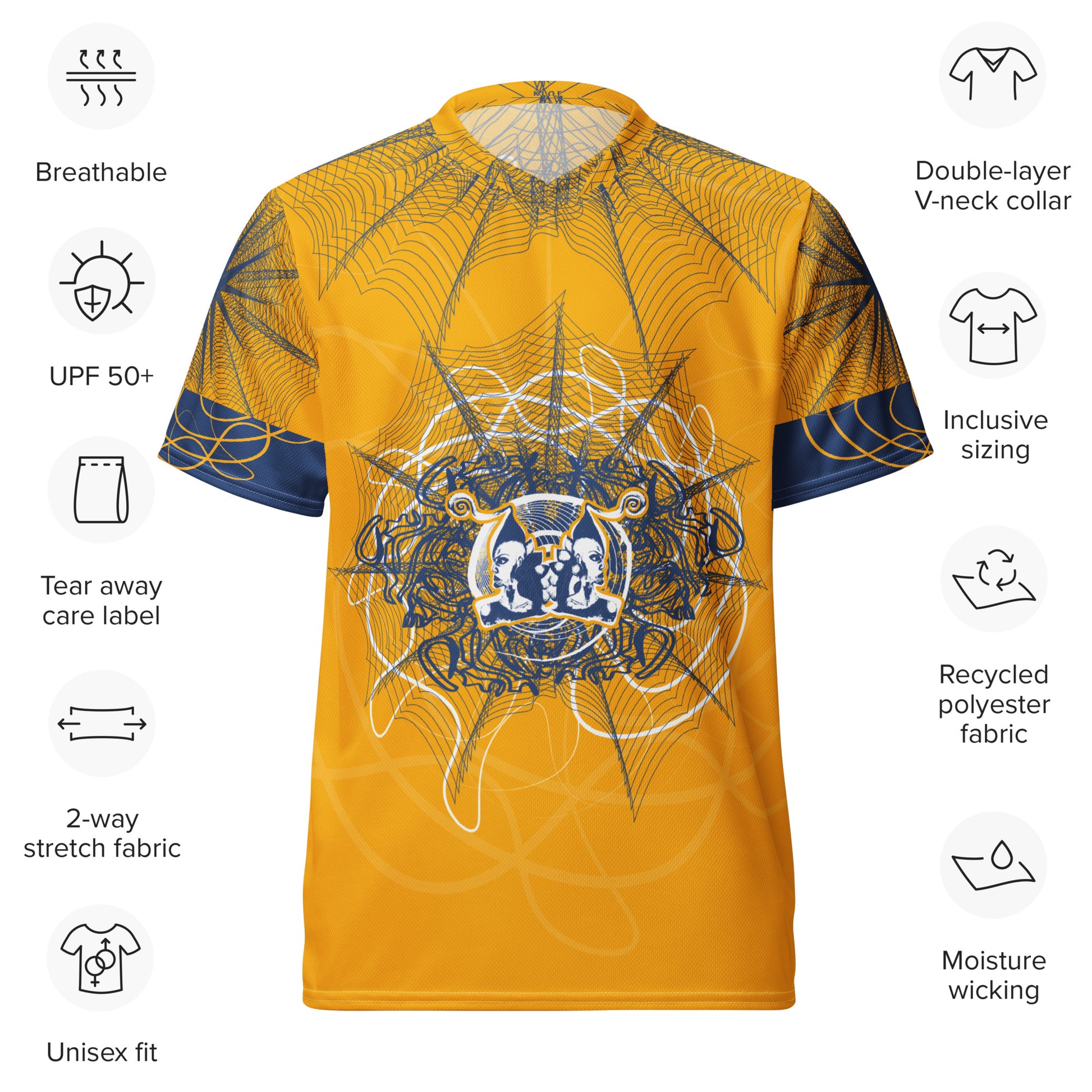 Front view of a golden yellow sports jersey featuring intricate navy web-like linework and a bold mirrored face design at the center, blending hand-drawn art with streetwear energy, with product details.