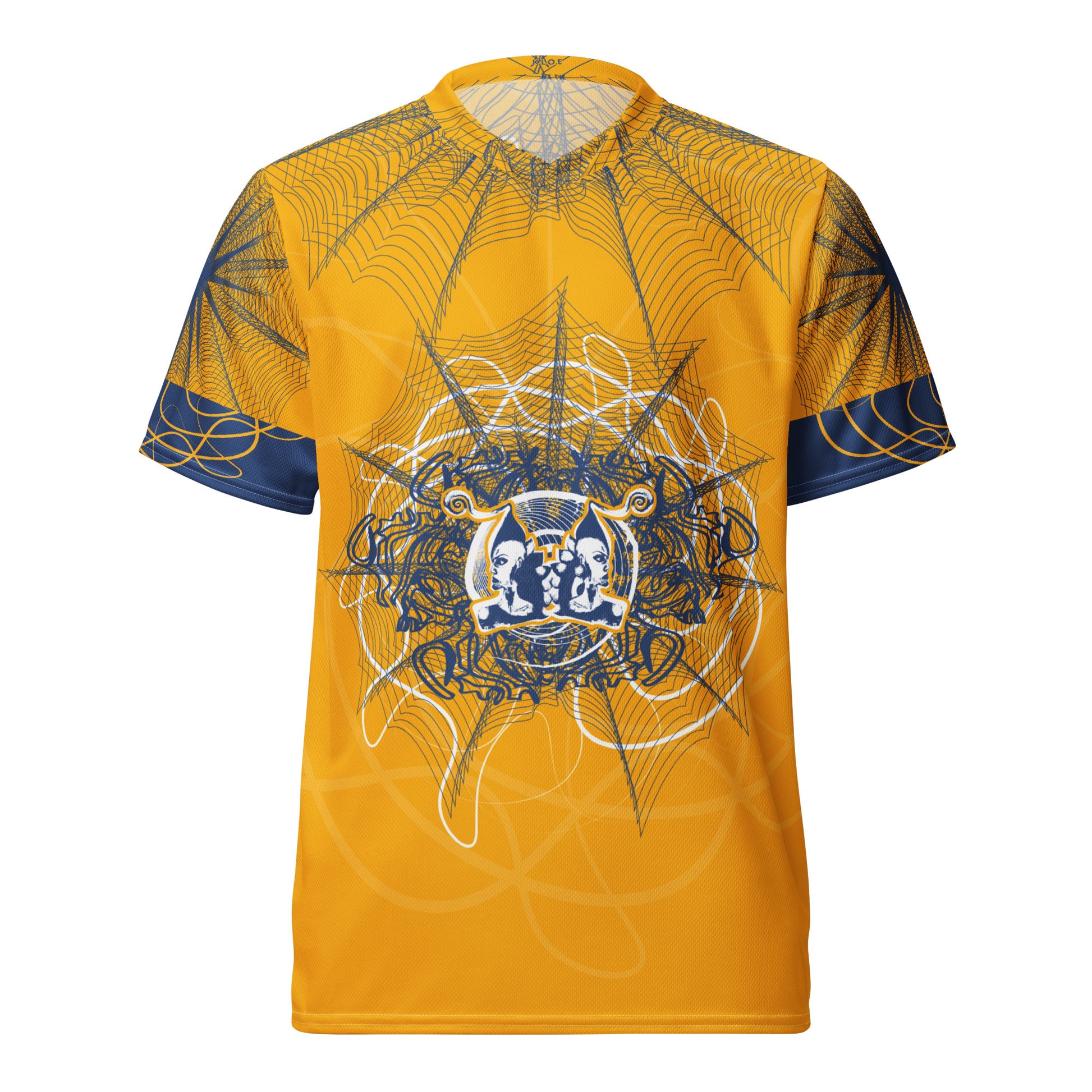 Front view of a golden yellow sports jersey featuring intricate navy web-like linework and a bold mirrored face design at the center, blending hand-drawn art with streetwear energy.
