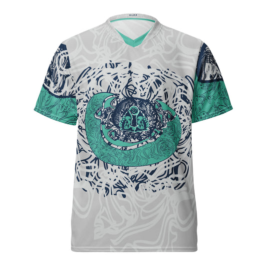 All-over print recycled unisex sports jersey featuring hand-drawn, culturally inspired artwork in navy and jade tones—celebrating individuality and artistic expression through intricate, abstract symbolism. Made by KLOE.