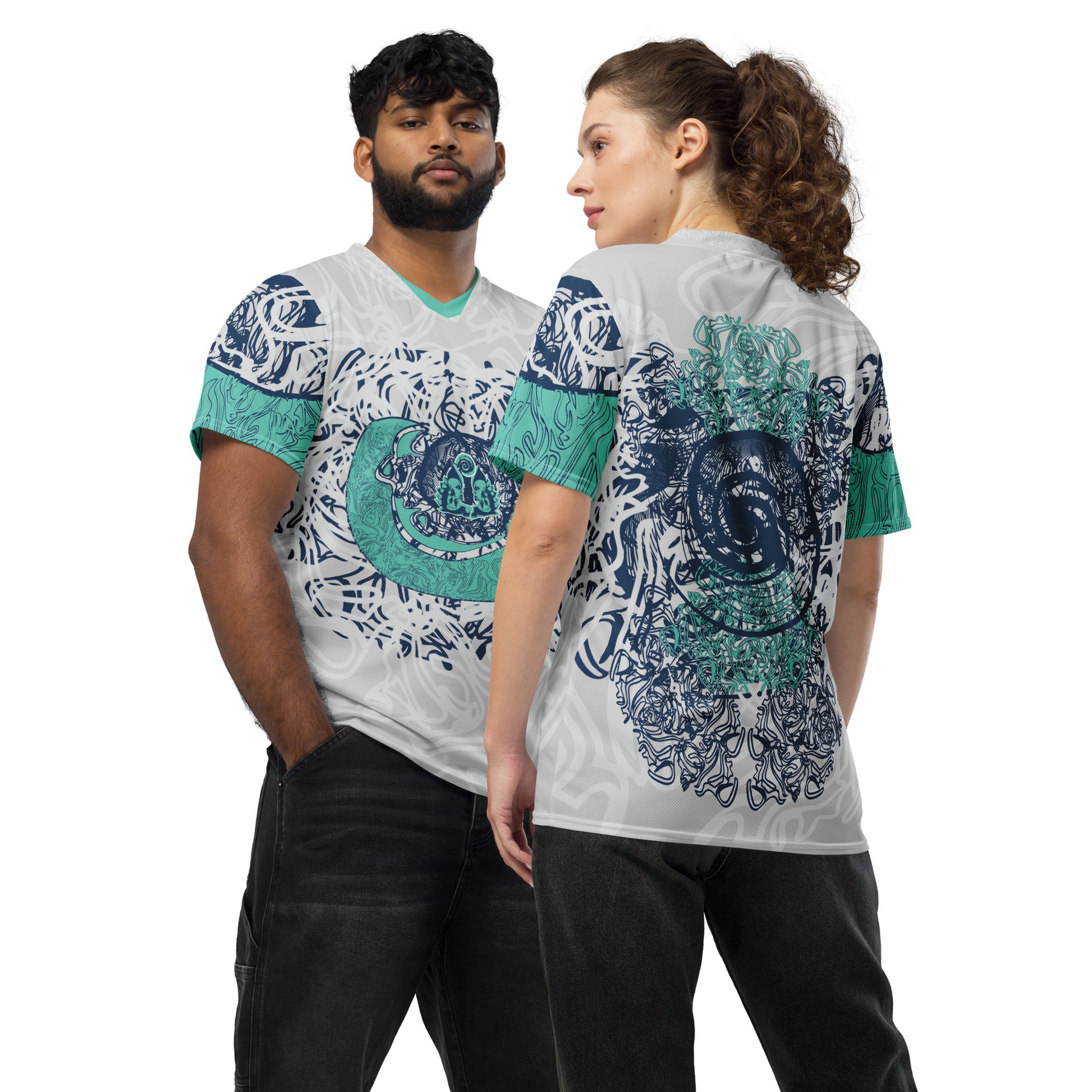 All-over print recycled unisex sports jersey featuring hand-drawn, culturally inspired artwork in navy and jade tones—celebrating individuality and artistic expression through intricate, abstract symbolism. Made by KLOE.