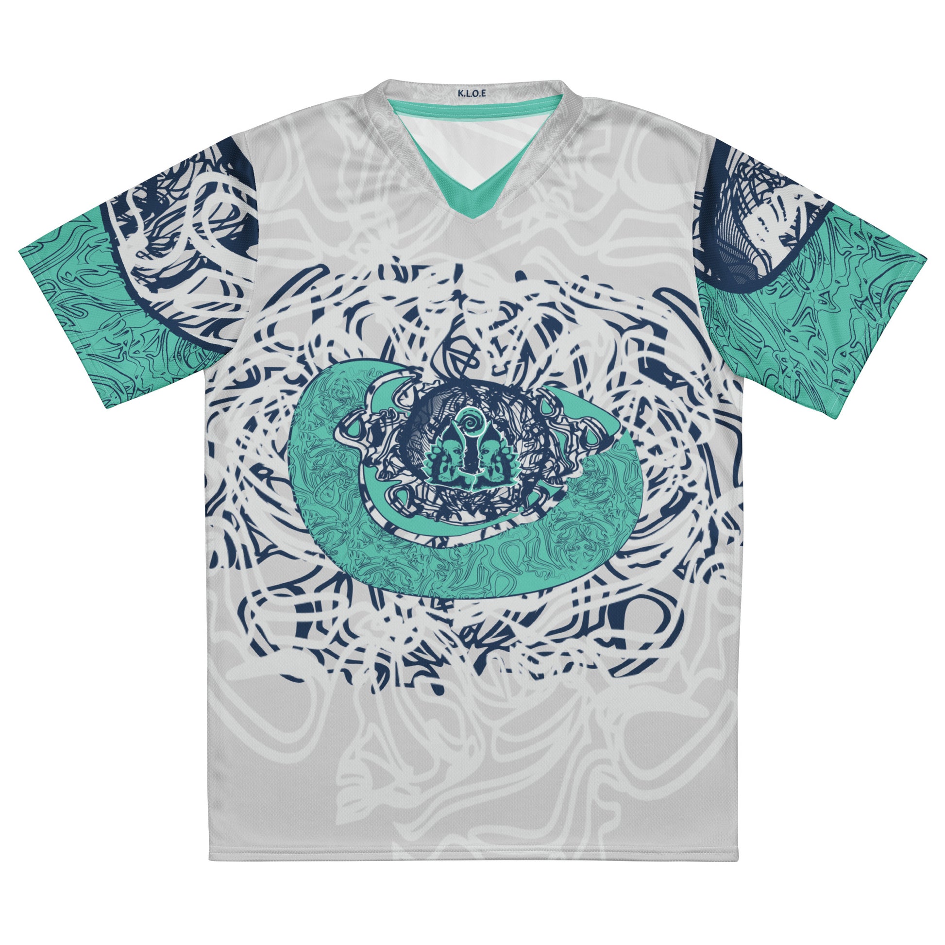 All-over print recycled unisex sports jersey featuring hand-drawn, culturally inspired artwork in navy and jade tones—celebrating individuality and artistic expression through intricate, abstract symbolism. Made by KLOE.