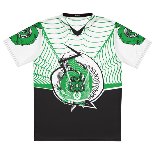 Hand-illustrated unisex sports jersey featuring bold green spirals and abstract face drawings - crafted for authentic self-expression and inspired by global artistic traditions, exclusive to KLOE.