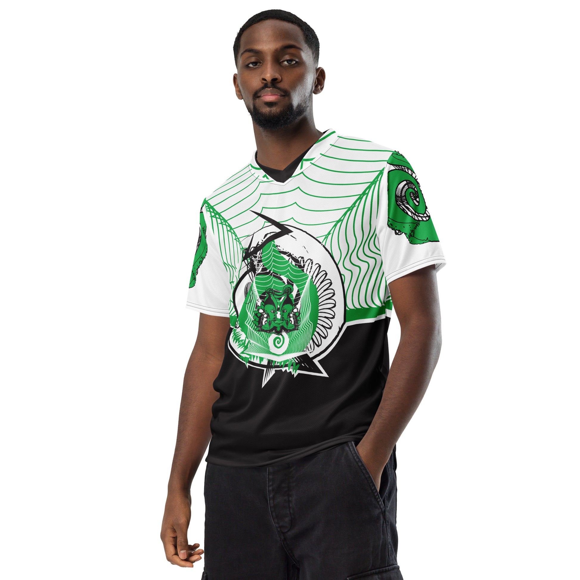 Hand-illustrated unisex sports jersey featuring bold green spirals and abstract face drawings - crafted for authentic self-expression and inspired by global artistic traditions, exclusive to KLOE.