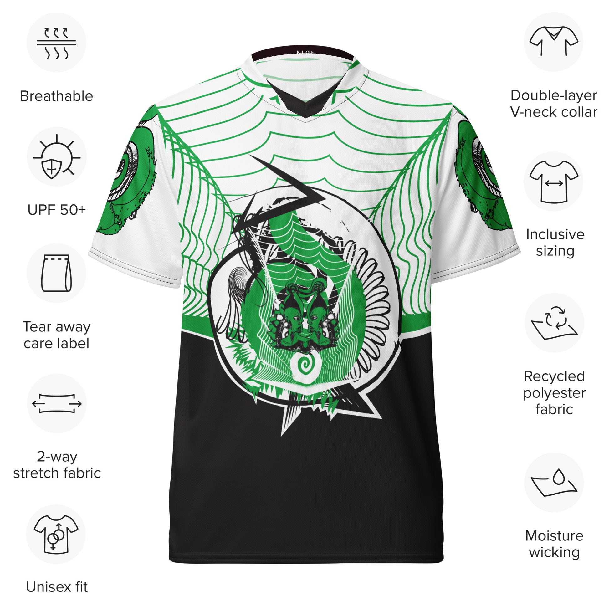 Hand-illustrated unisex sports jersey featuring bold green spirals and abstract face drawings - crafted for authentic self-expression and inspired by global artistic traditions, exclusive to KLOE.