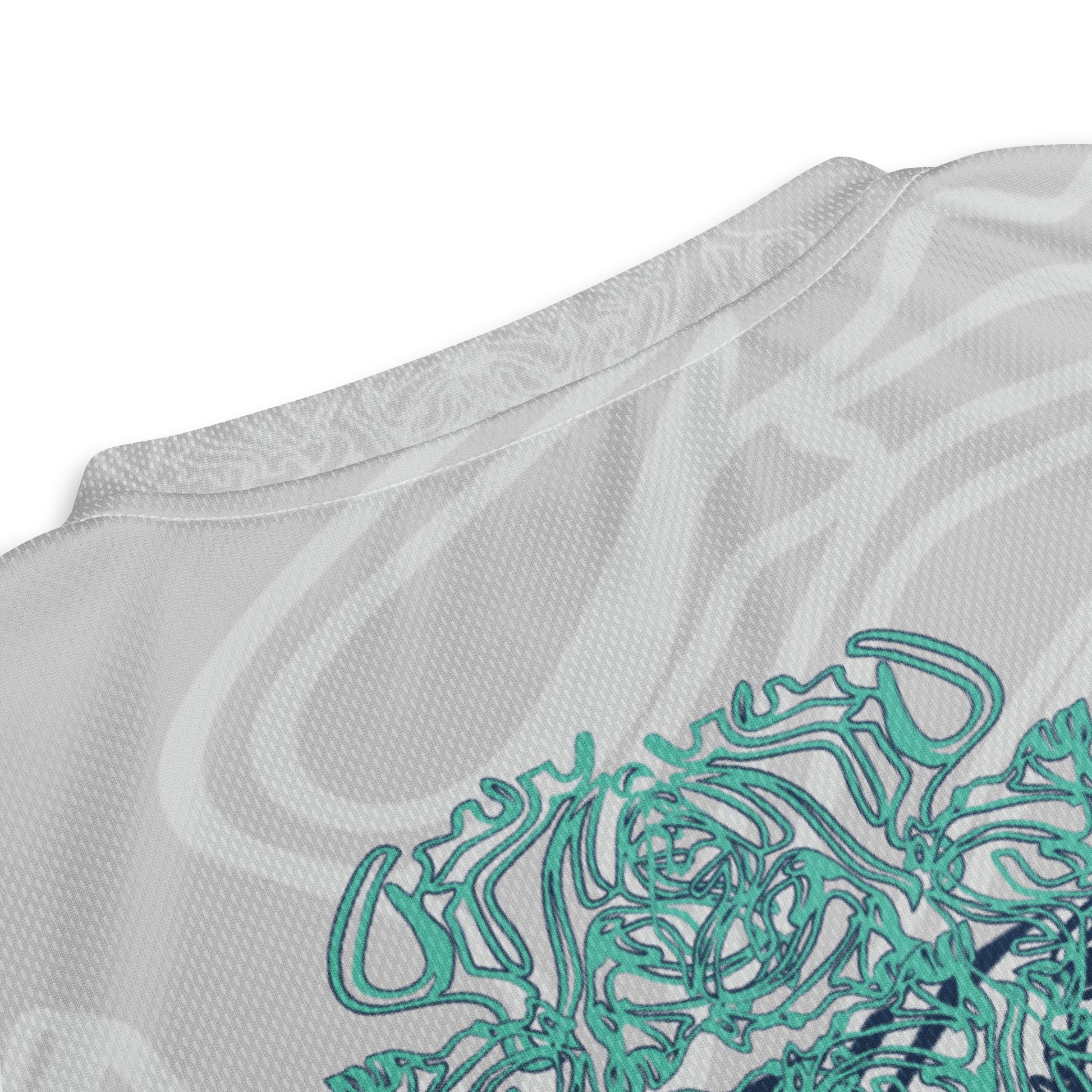 All-over print recycled unisex sports jersey featuring hand-drawn, culturally inspired artwork in navy and jade tones—celebrating individuality and artistic expression through intricate, abstract symbolism. Made by KLOE.