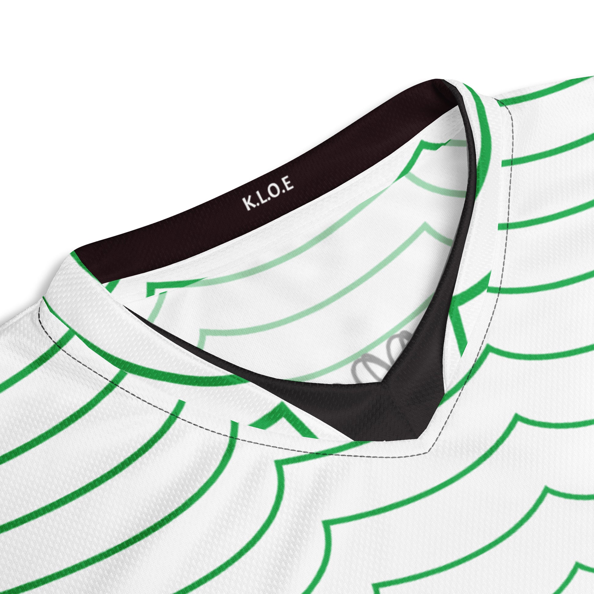 Hand-illustrated unisex sports jersey featuring bold green spirals and abstract face drawings - crafted for authentic self-expression and inspired by global artistic traditions, exclusive to KLOE.