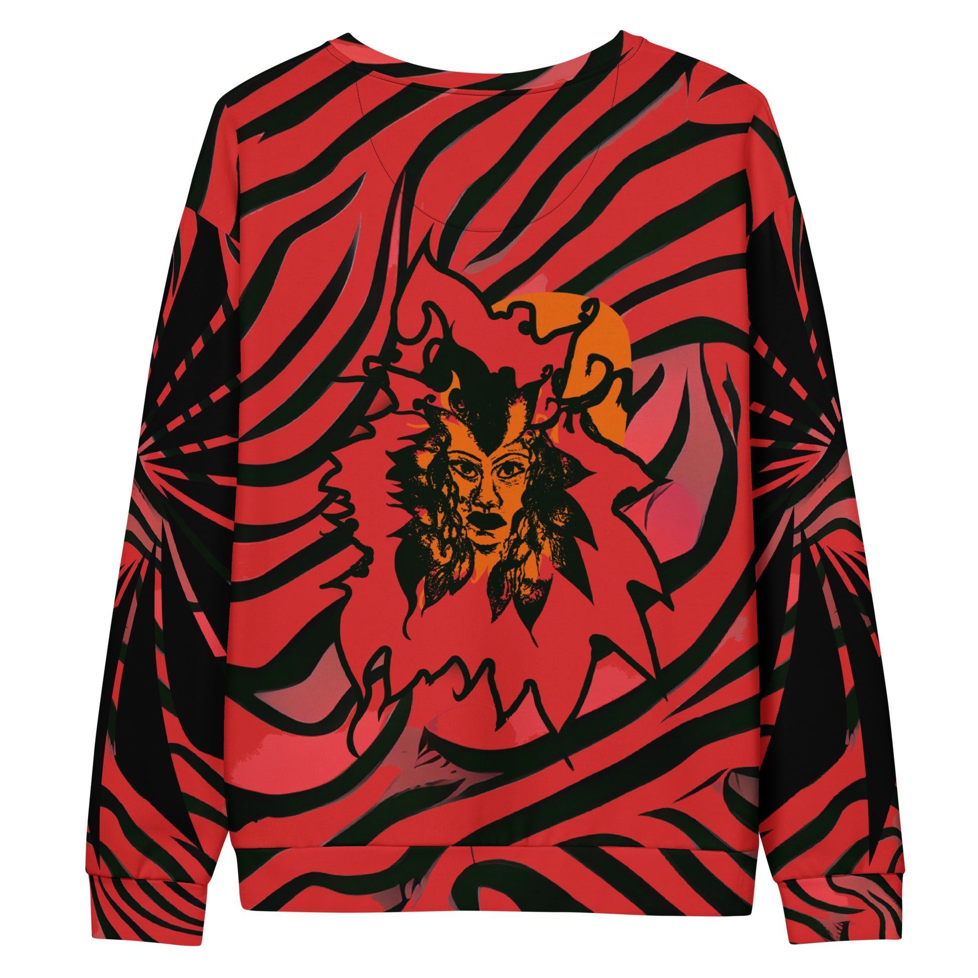 Back view of a bold red and black unisex sweatshirt from Kloe Store featuring a striking artistic face design, showcasing unique streetwear style with a vibrant, swirling pattern.