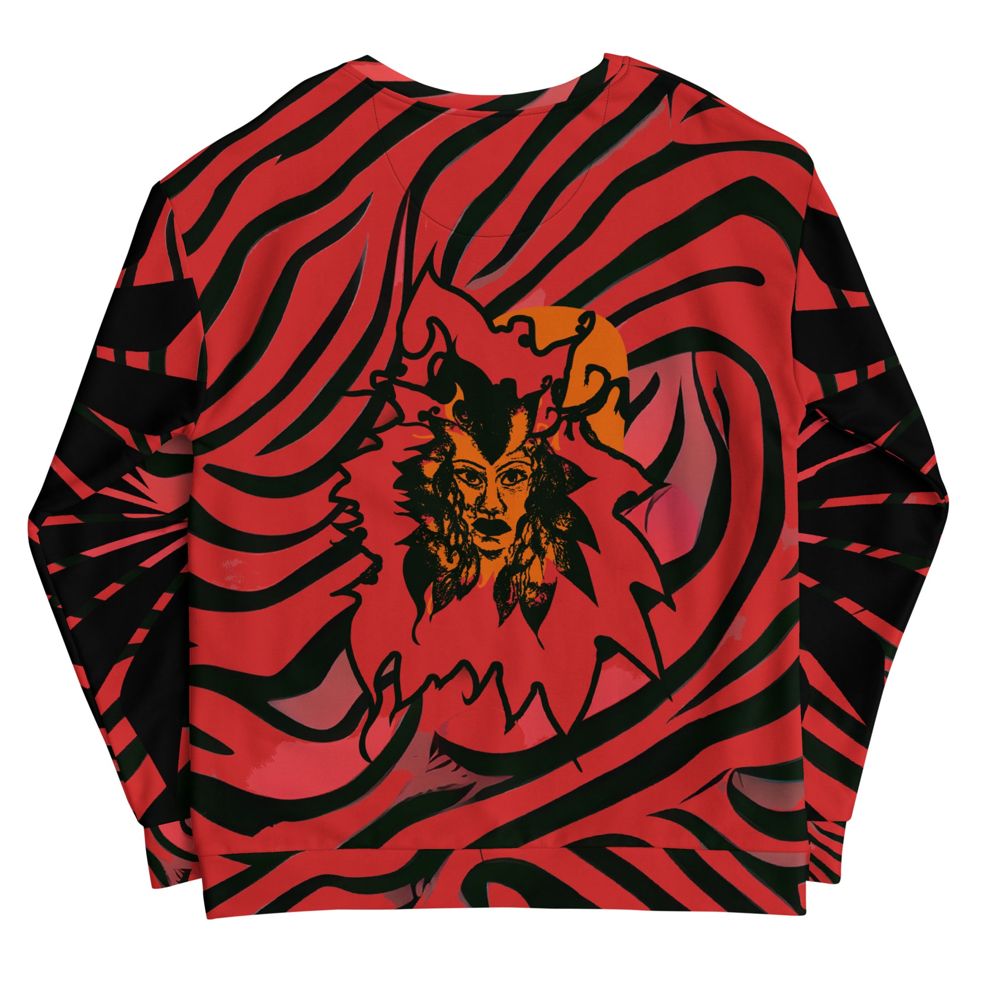 Back view of a bold red and black unisex sweatshirt from Kloe Store featuring a striking artistic face design, showcasing unique streetwear style with a vibrant, swirling pattern.