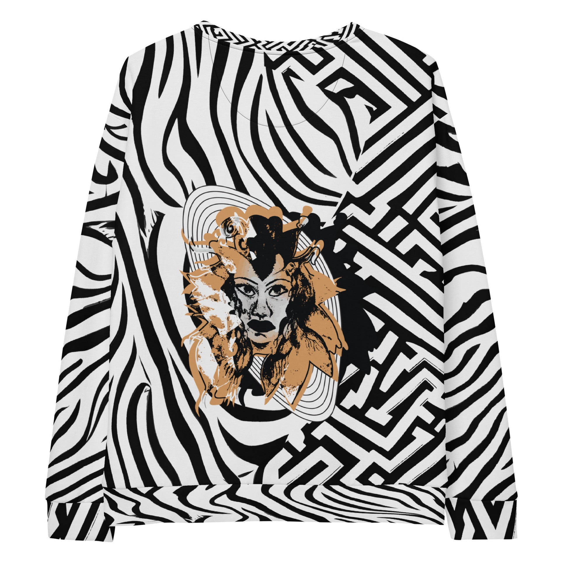 Bold black and white zebra print unisex sweatshirt from Kloe Store featuring a striking artistic face design on the back, offering unique and edgy streetwear fashion with abstract patterns.