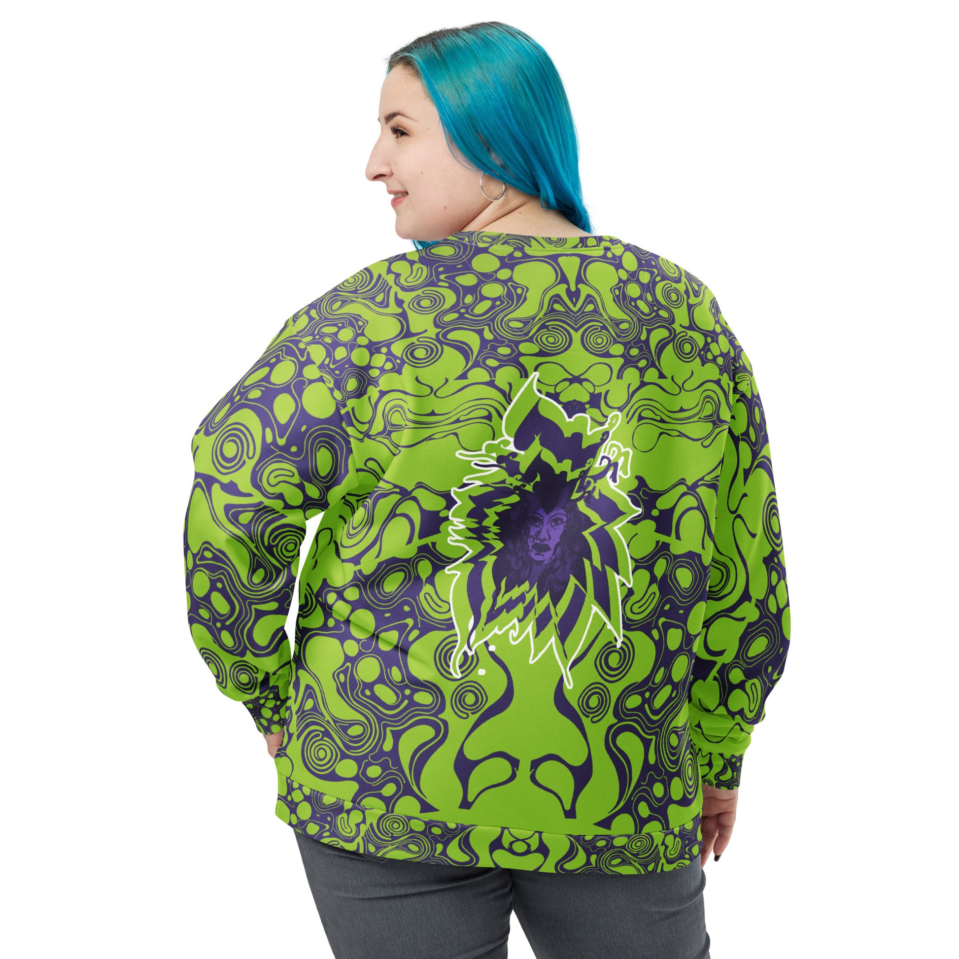 A model wearing green and purple unisex sweatshirt from Kloe Store featuring bold abstract patterns and a central artistic face design on both front and back, perfect for an edgy and modern streetwear style.