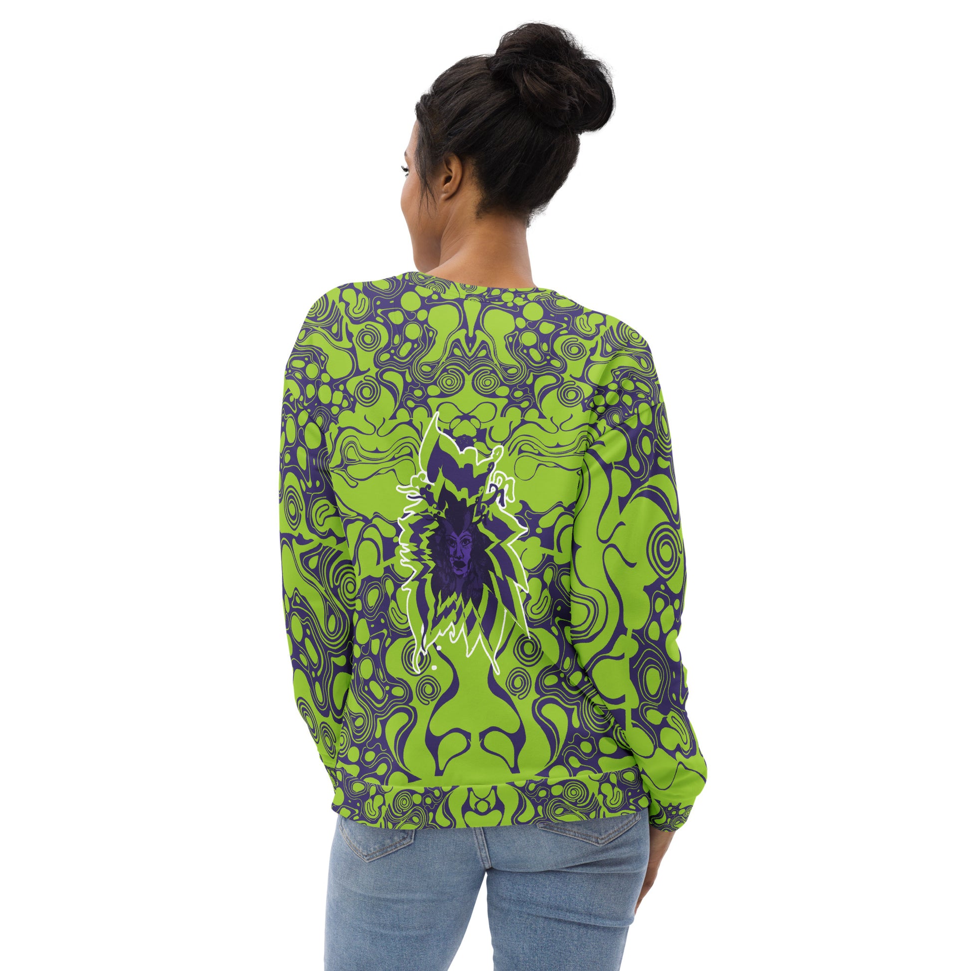 A model wearing green and purple unisex sweatshirt from Kloe Store featuring bold abstract patterns and a central artistic face design on both front and back, perfect for an edgy and modern streetwear style.