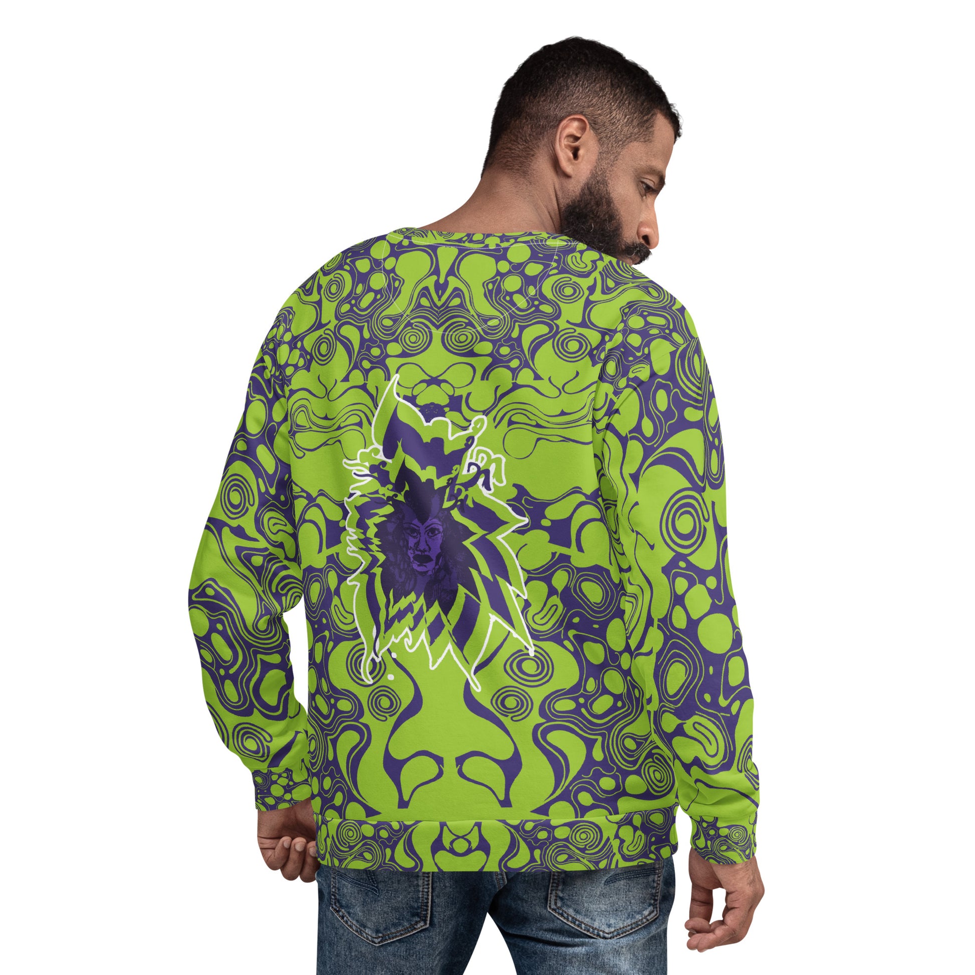 A model wearing green and purple unisex sweatshirt from Kloe Store featuring bold abstract patterns and a central artistic face design on both front and back, perfect for an edgy and modern streetwear style.