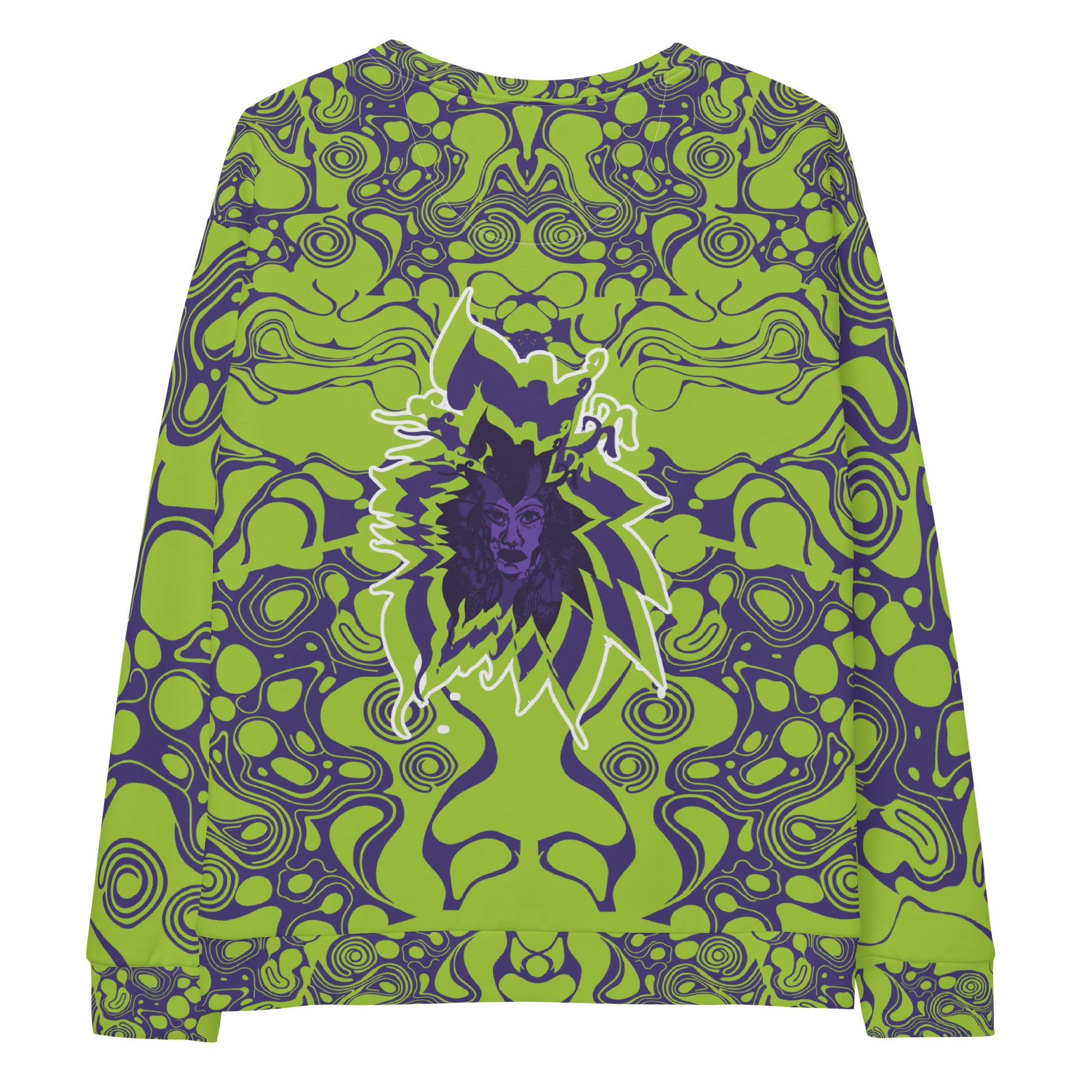 Green and purple unisex sweatshirt from Kloe Store featuring bold abstract patterns and a central artistic face design on both front and back, perfect for an edgy and modern streetwear style.