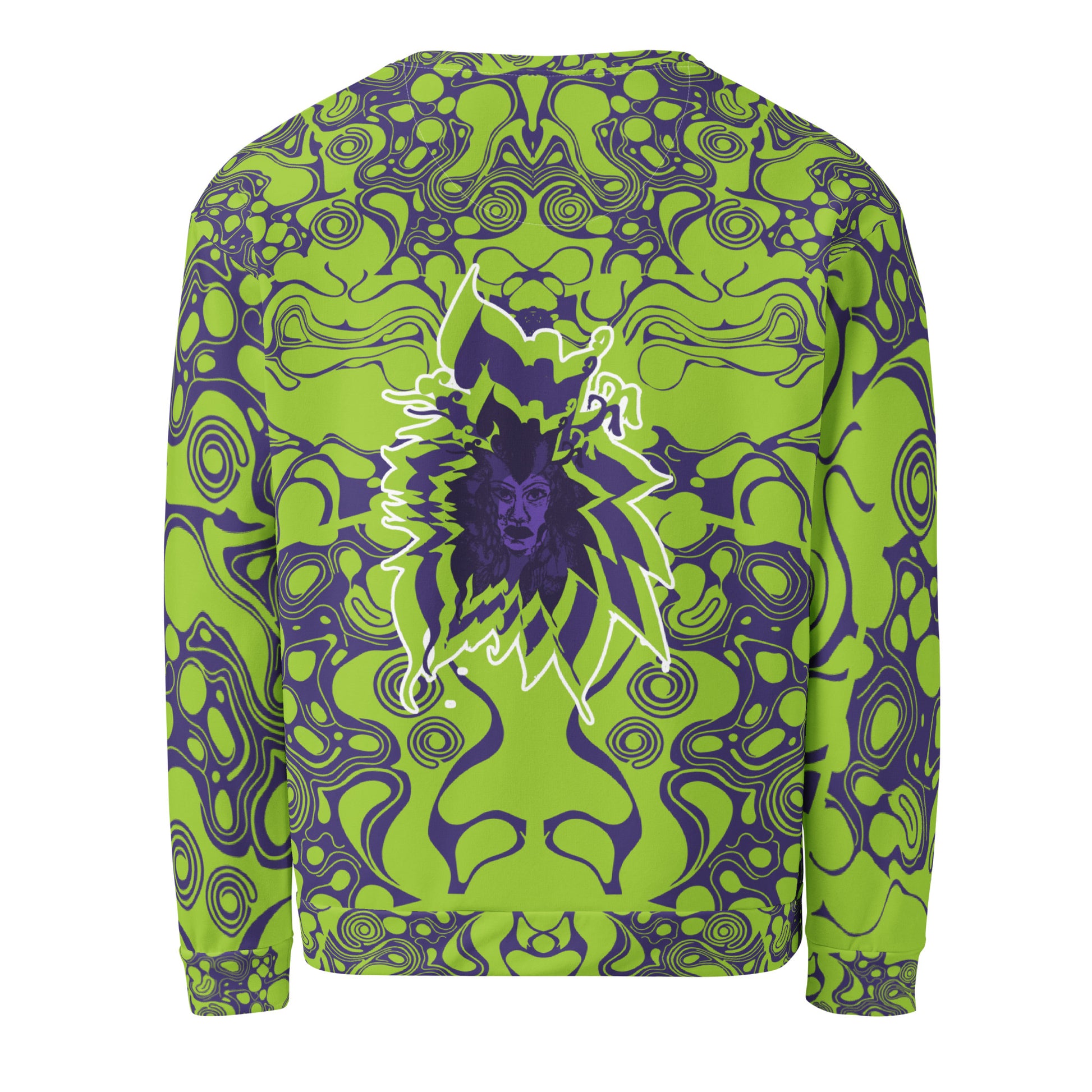 Green and purple unisex sweatshirt from Kloe Store featuring bold abstract patterns and a central artistic face design on both front and back, perfect for an edgy and modern streetwear style