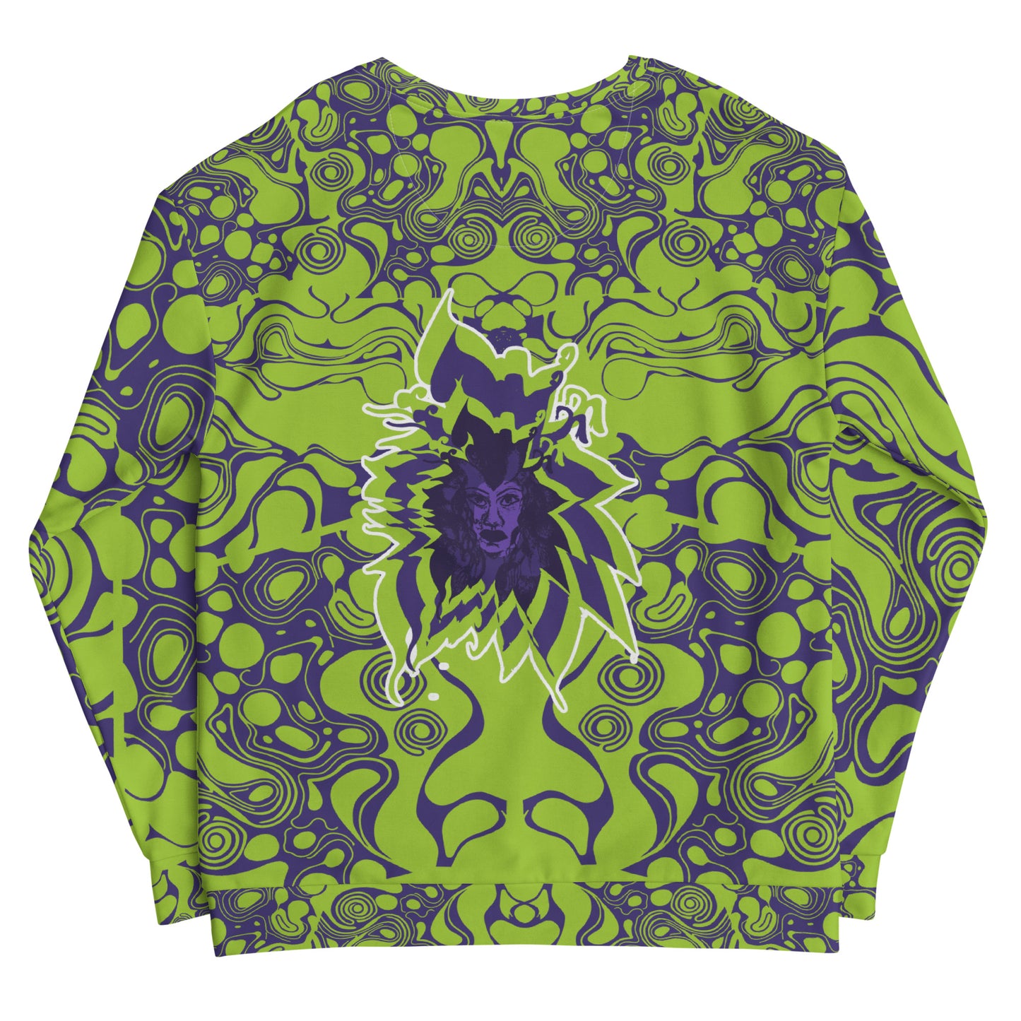 Green and purple unisex sweatshirt from Kloe Store featuring bold abstract patterns and a central artistic face design on both front and back, perfect for an edgy and modern streetwear style.