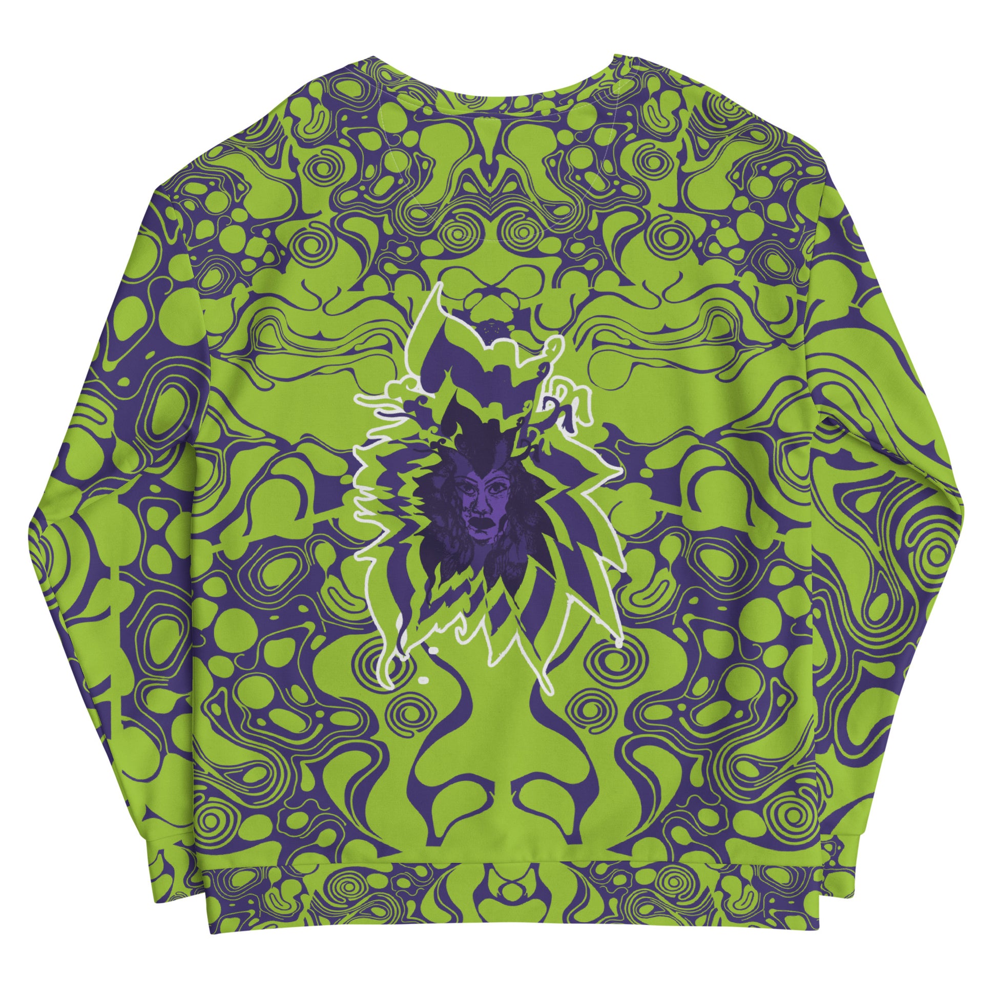 Green and purple unisex sweatshirt from Kloe Store featuring bold abstract patterns and a central artistic face design on both front and back, perfect for an edgy and modern streetwear style.