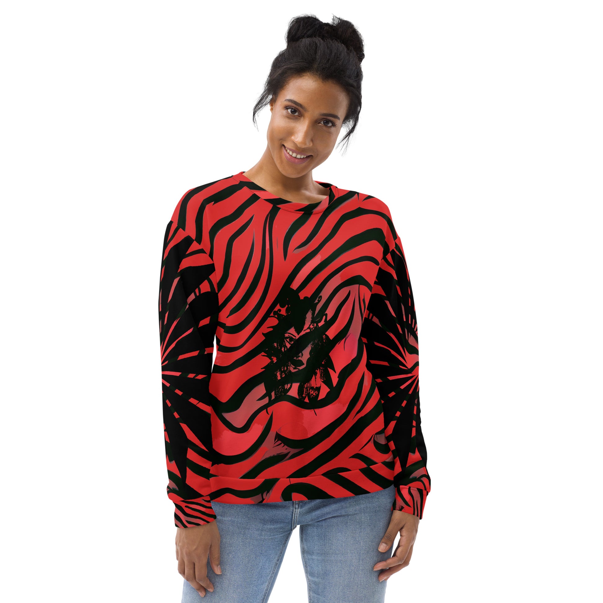 Front view of a model wearing a bold red and black unisex sweatshirt from Kloe Store featuring a striking artistic face design, showcasing unique streetwear style with a vibrant, swirling pattern.