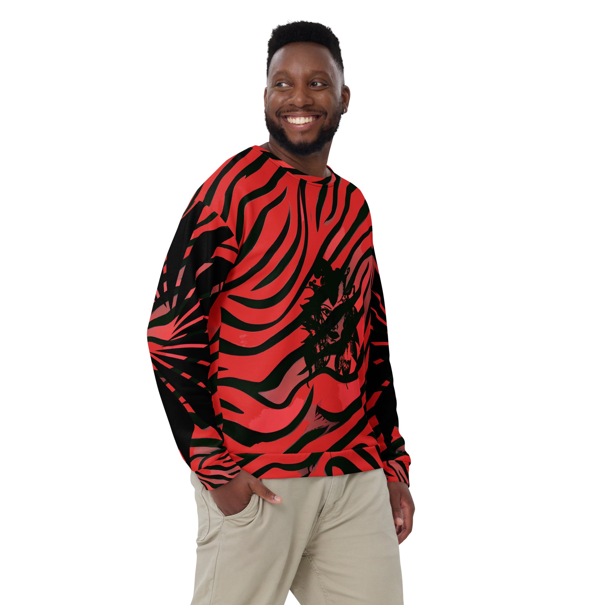 Front view of a model wearing a bold red and black unisex sweatshirt from Kloe Store featuring a striking artistic face design, showcasing unique streetwear style with a vibrant, swirling pattern.